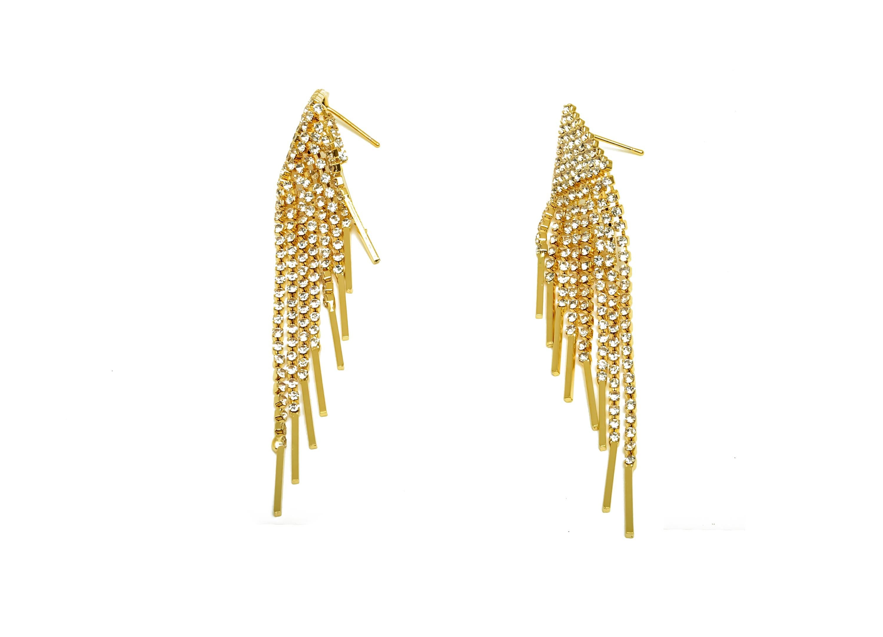 Brass CZ Earring Tassel Stud - Brass Triangle Tassel Earring - Brass Stick Zircon Earring Post - 18K Real Gold Plating - 78x14x1mm - RGP7572 - DOMEDBAZAAR