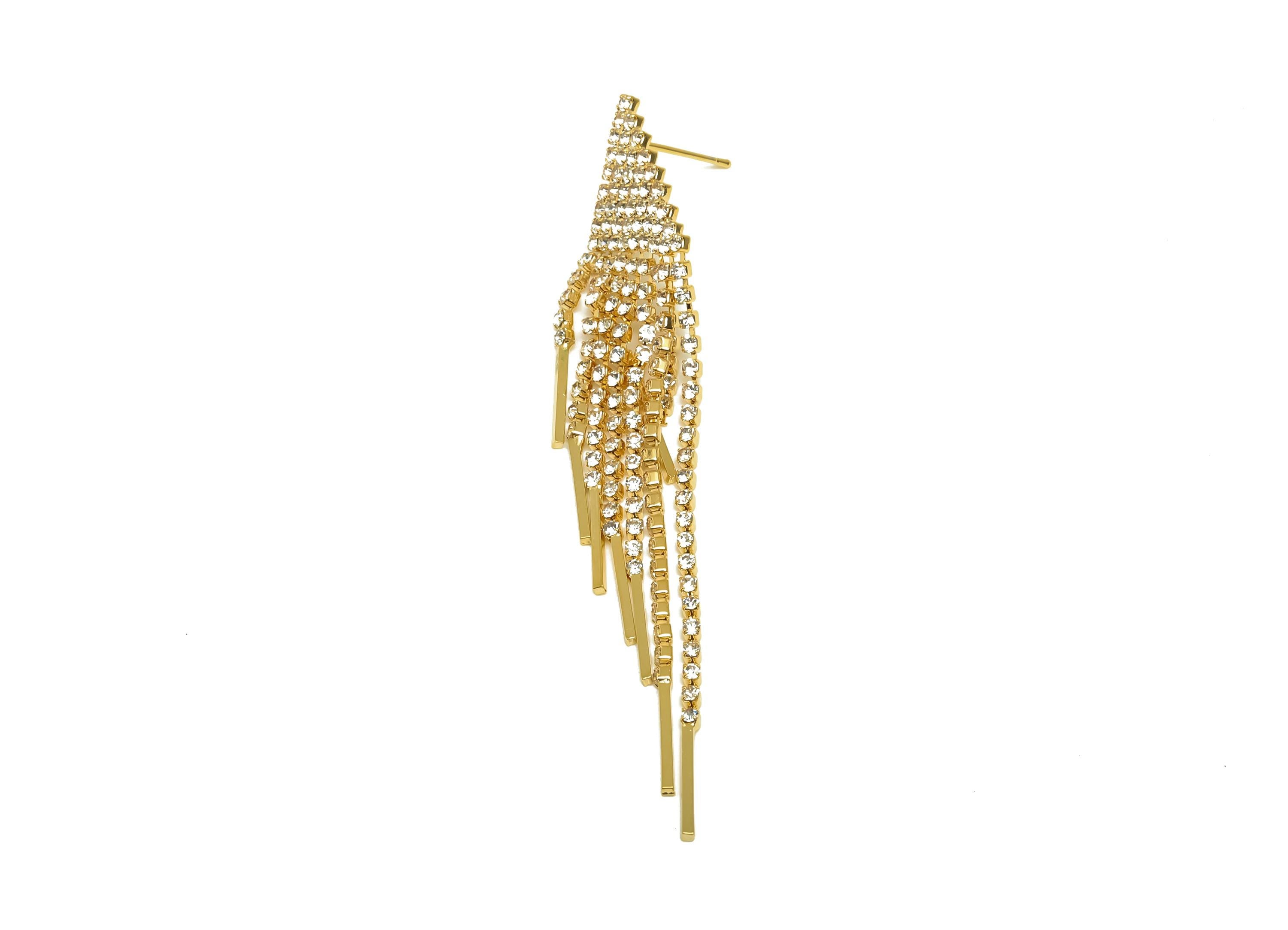 Brass CZ Earring Tassel Stud - Brass Triangle Tassel Earring - Brass Stick Zircon Earring Post - 18K Real Gold Plating - 78x14x1mm - RGP7572 - DOMEDBAZAAR