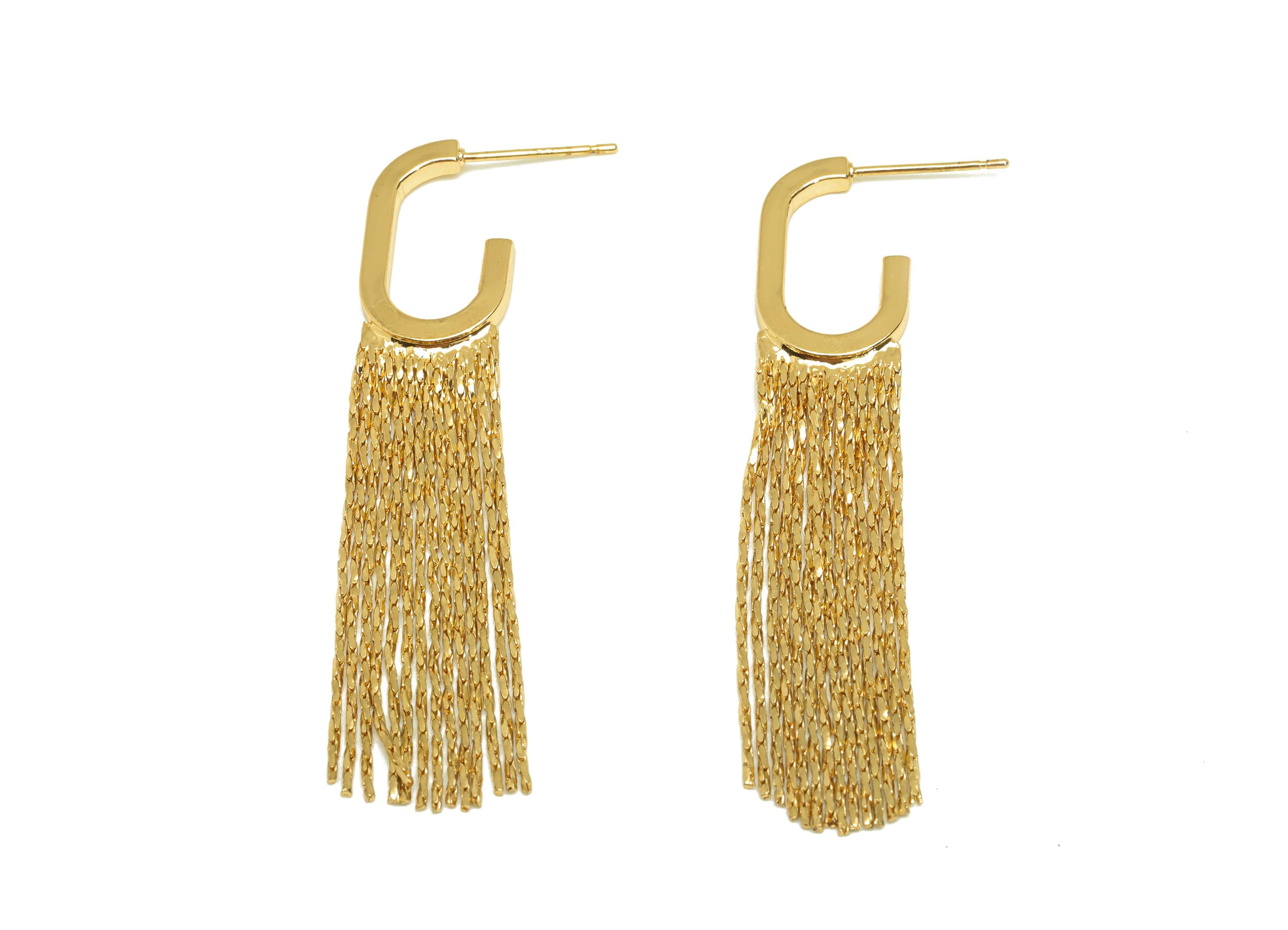 Brass Tassel Earring Stud - Open Rectangle Snake Chian Earring Post - Gold Tassel Chian Ear - 18K Real Gold Plated -57.8x11.2x2.06mm-RGP7602 - DOMEDBAZAAR