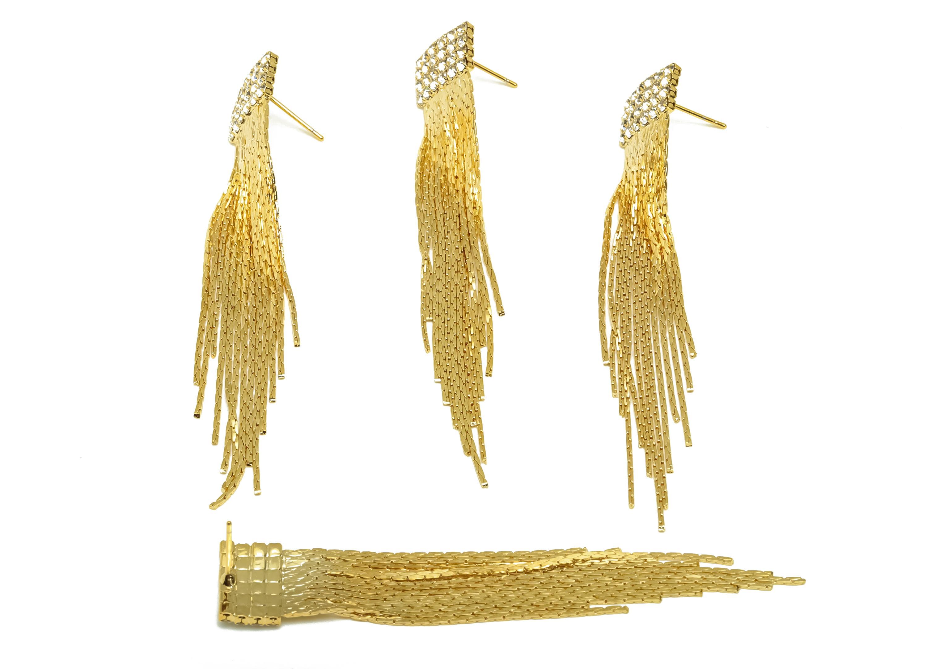 Brass CZ Earring Tassel Stud - Brass Rectangle Tassel Earring - Brass Chain Zircon Earring Post - 18K Real Gold Plating - 74x13x2mm -RGP7567 - DOMEDBAZAAR