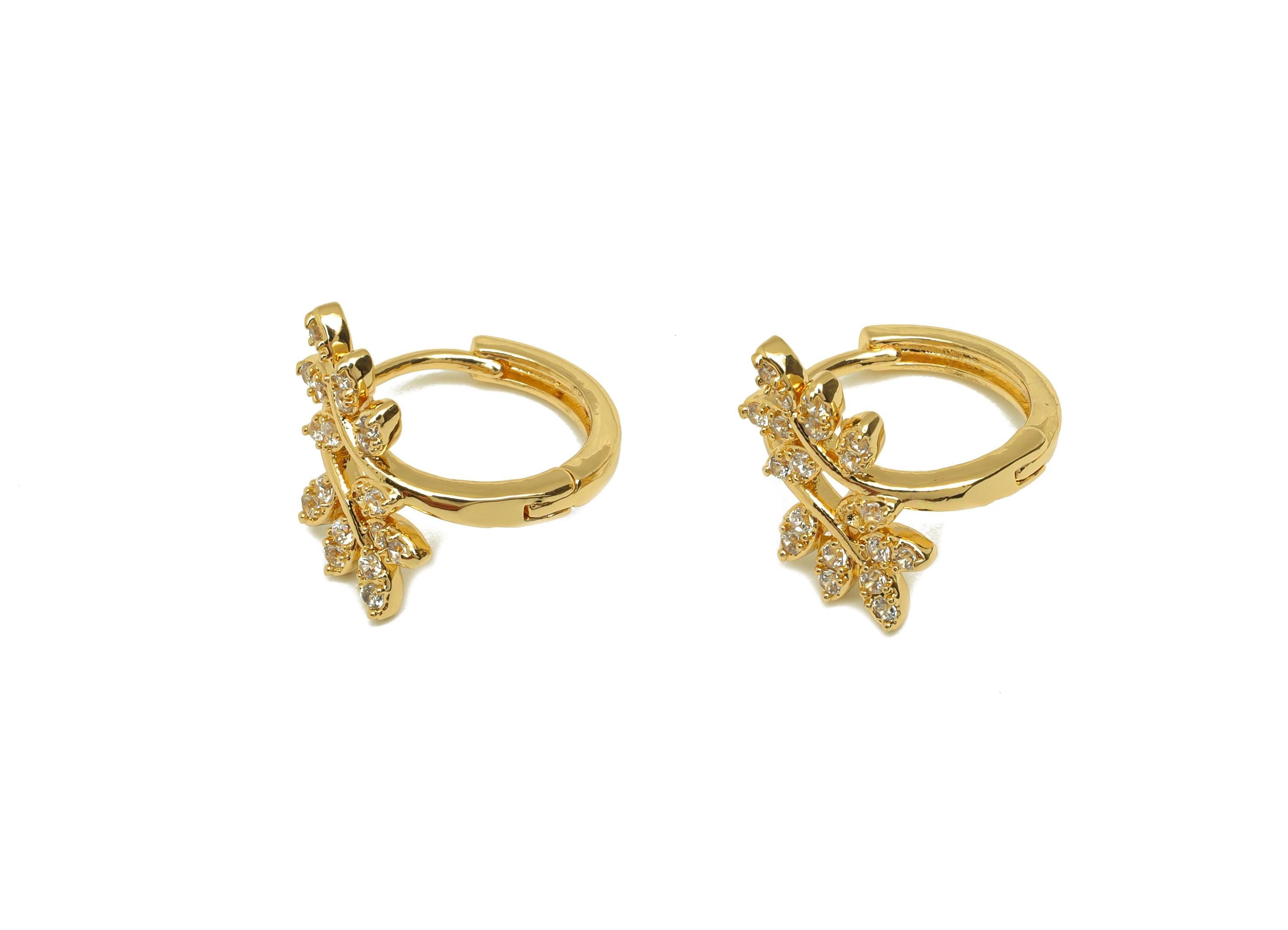 Brass Branch Hoop Earring - Gold Zircon Leaf Huggie Hoop Earring - CZ Leaves Hoop Earrings - 18K Real Gold Plating - 16x15x2.2mm - RGP7603 - DOMEDBAZAAR