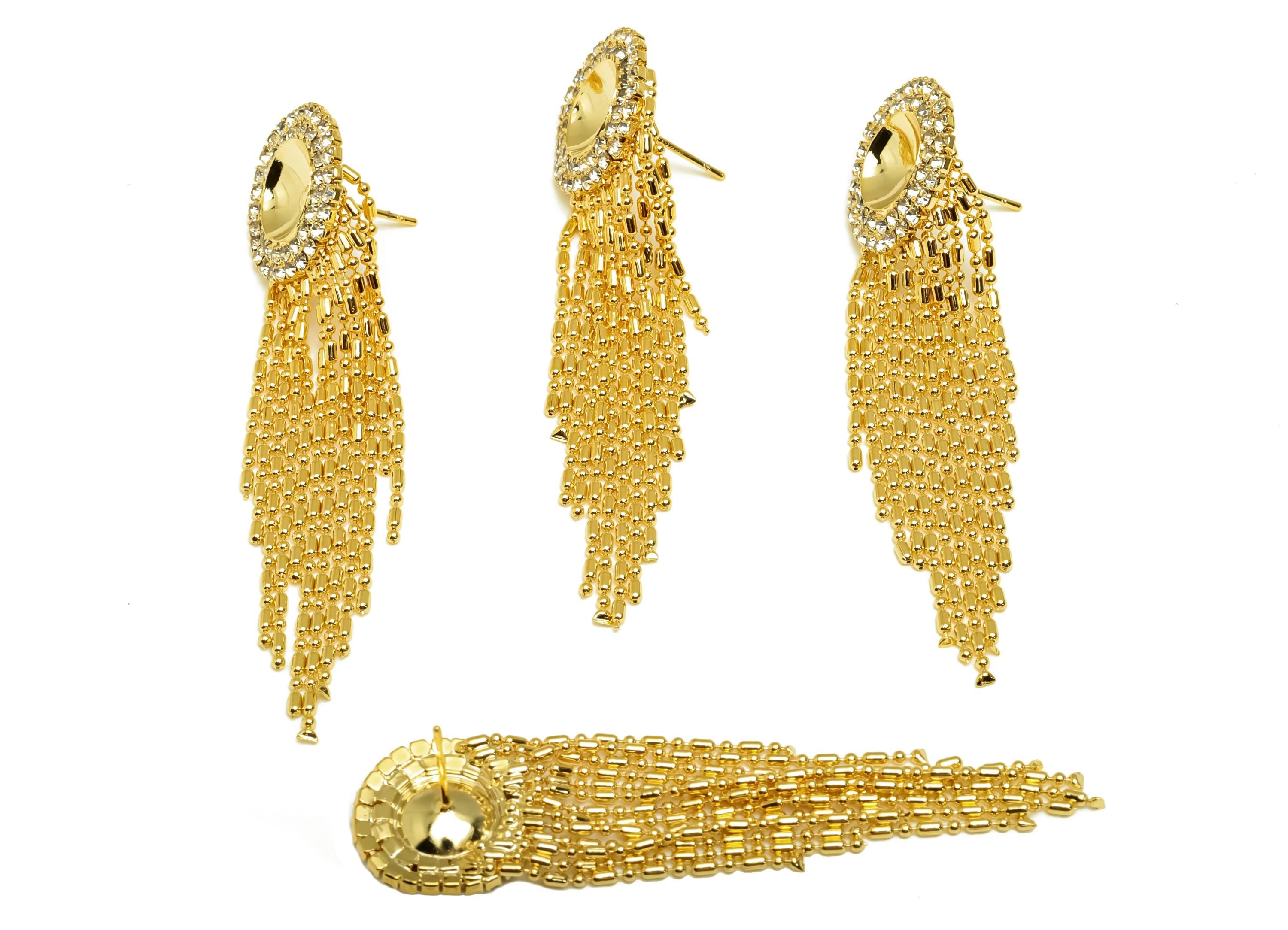 Brass CZ Earring Tassel Stud - Brass Tassel Earring For Pearl - Beaded Chain Zircon Earring Post - 18K Real Gold Plating - 78x14x1mm-RGP7552 - DOMEDBAZAAR