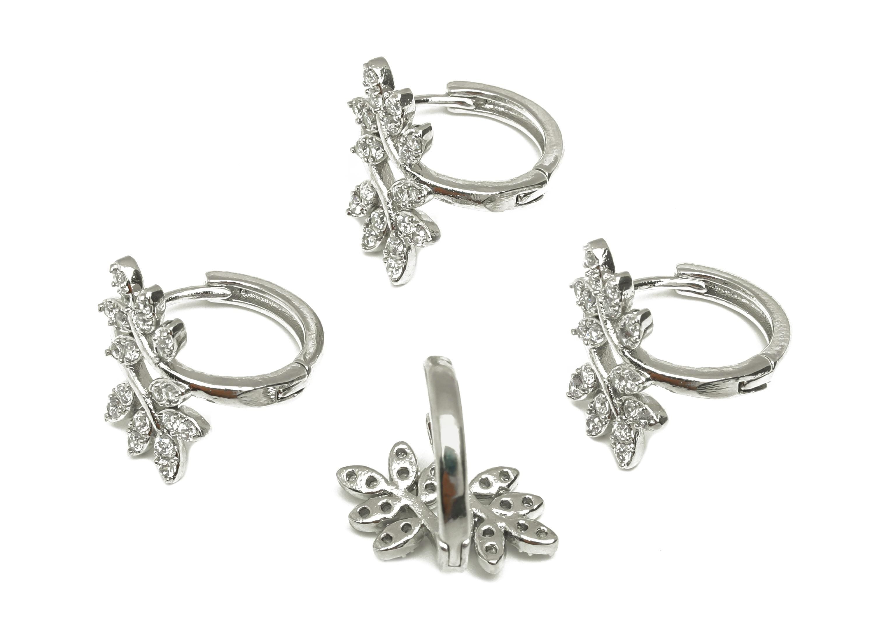 Brass Branch Hoop Earring - White Zircon Leaf Huggie Hoop Ear - CZ Leaves Hoop Earring - 18K Real White Gold Plating - 16x15x2.2mm - RGP7604 - DOMEDBAZAAR