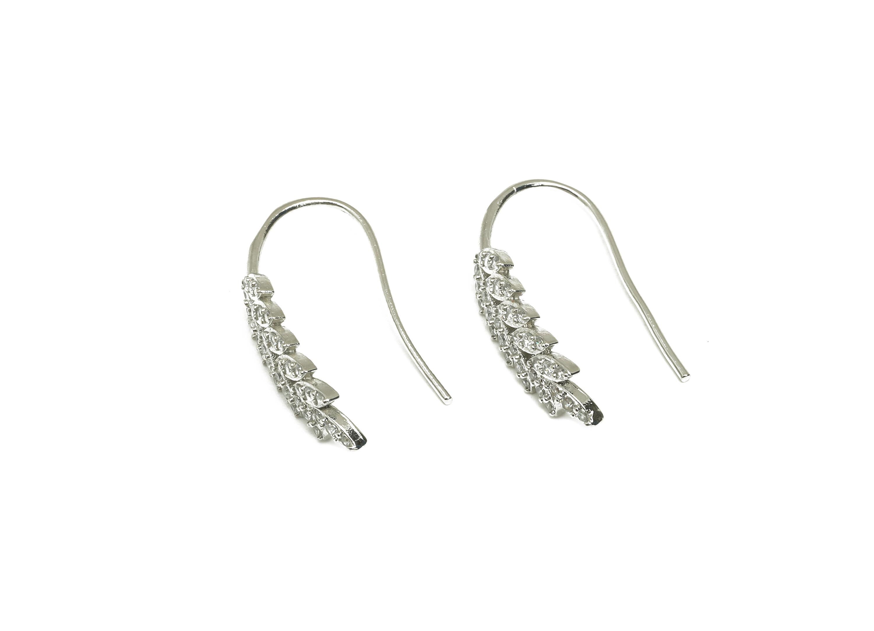 Brass Wheat Earring Wire - White Zircon Leaves Hoop Ear Wire - CZ Wheat Earring Wire - 18K Real White Gold Plated - 26.36x7.7x2.3mm- RGP7605 - DOMEDBAZAAR