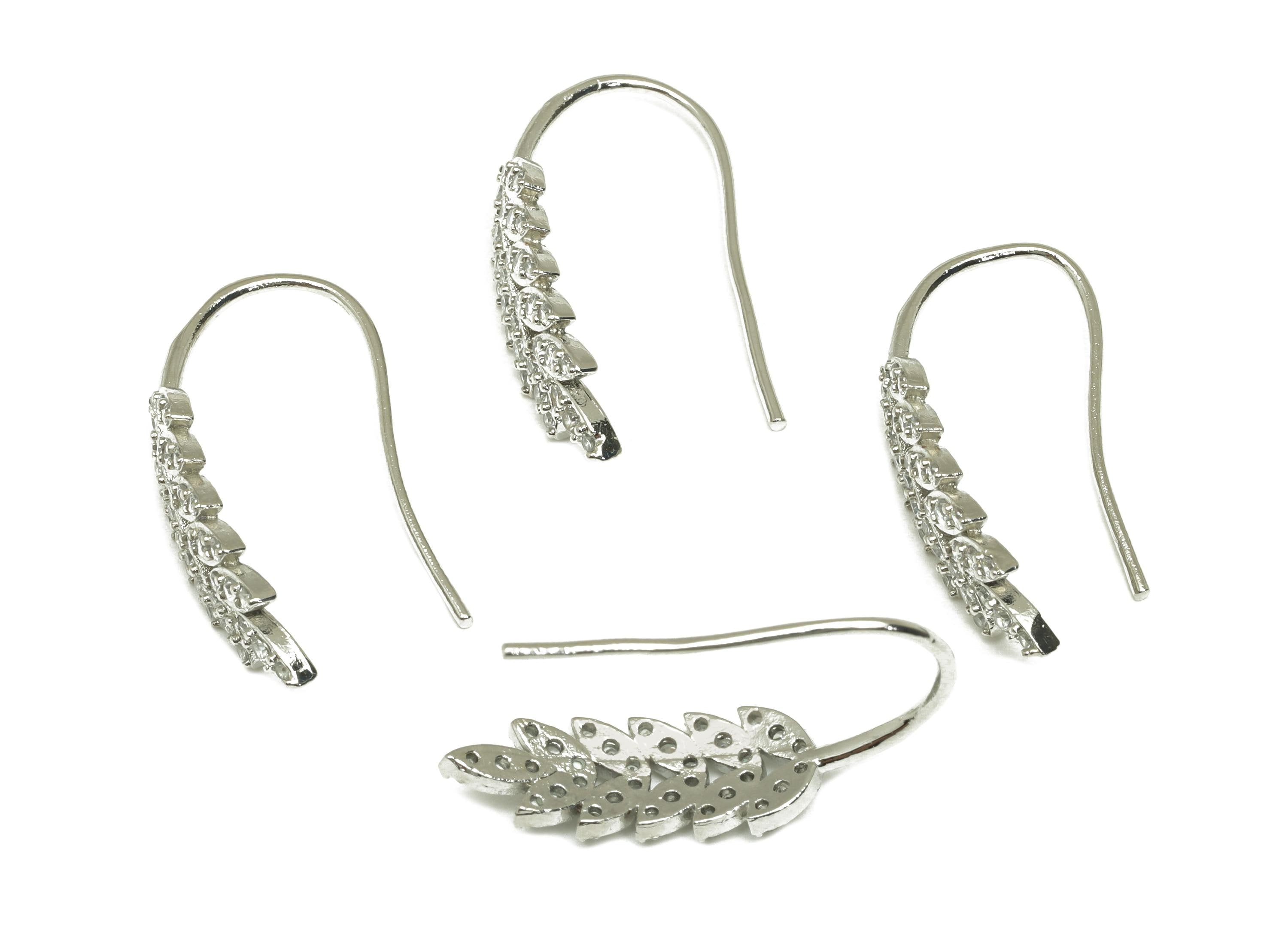 Brass Wheat Earring Wire - White Zircon Leaves Hoop Ear Wire - CZ Wheat Earring Wire - 18K Real White Gold Plated - 26.36x7.7x2.3mm- RGP7605 - DOMEDBAZAAR