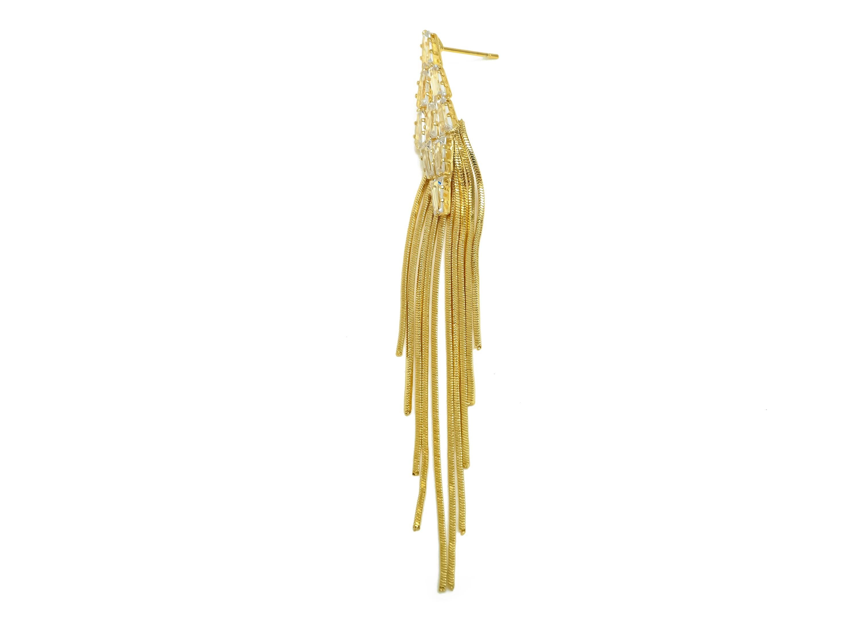 Brass CZ Earring Tassel Stud - Brass Diamond Tassel Earring - Snake Chain Zircon Earring Post - 18K Real Gold Plating - 97x10x2mm - RGP7557 - DOMEDBAZAAR