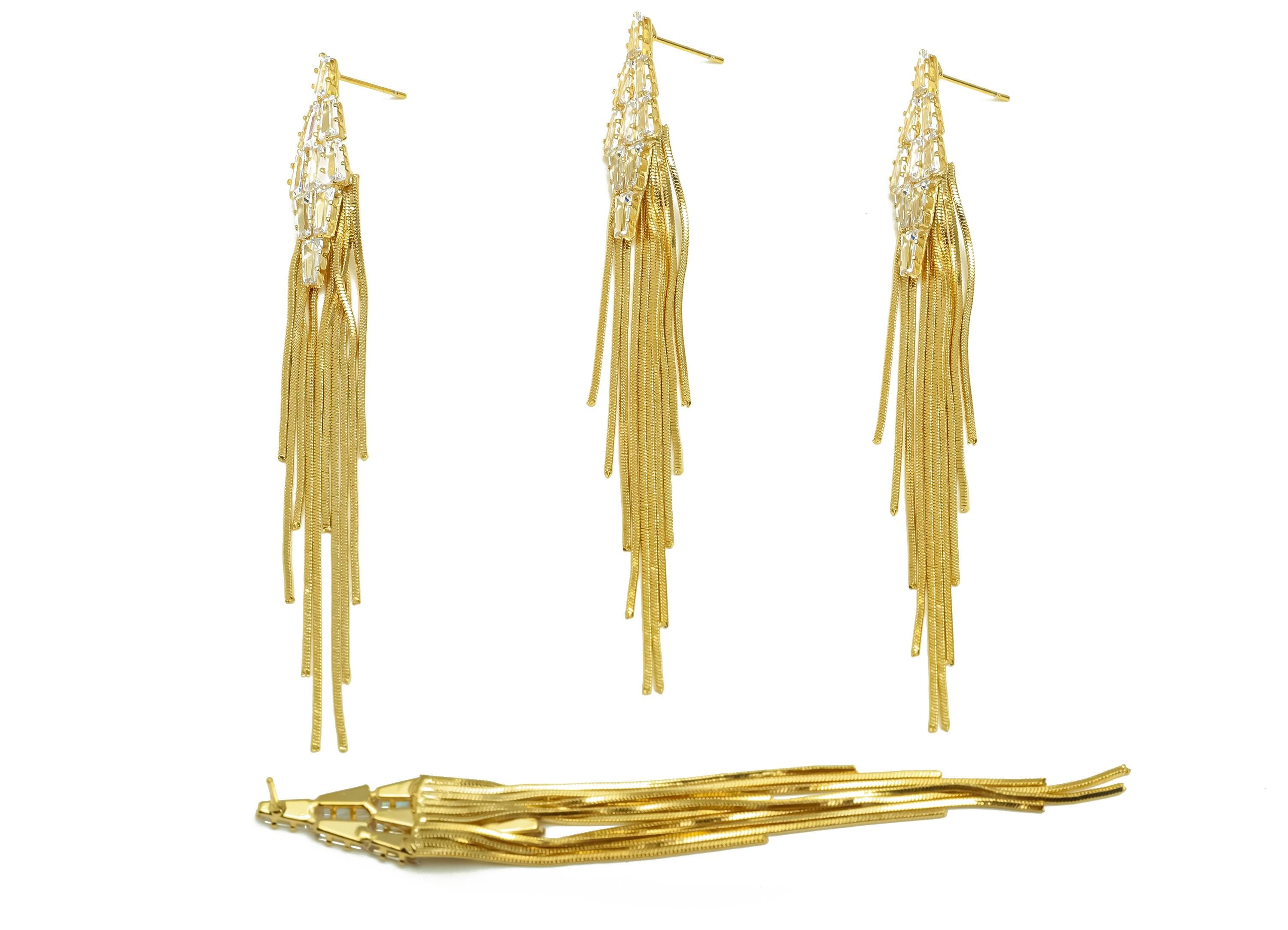 Brass CZ Earring Tassel Stud - Brass Diamond Tassel Earring - Snake Chain Zircon Earring Post - 18K Real Gold Plating - 97x10x2mm - RGP7557 - DOMEDBAZAAR