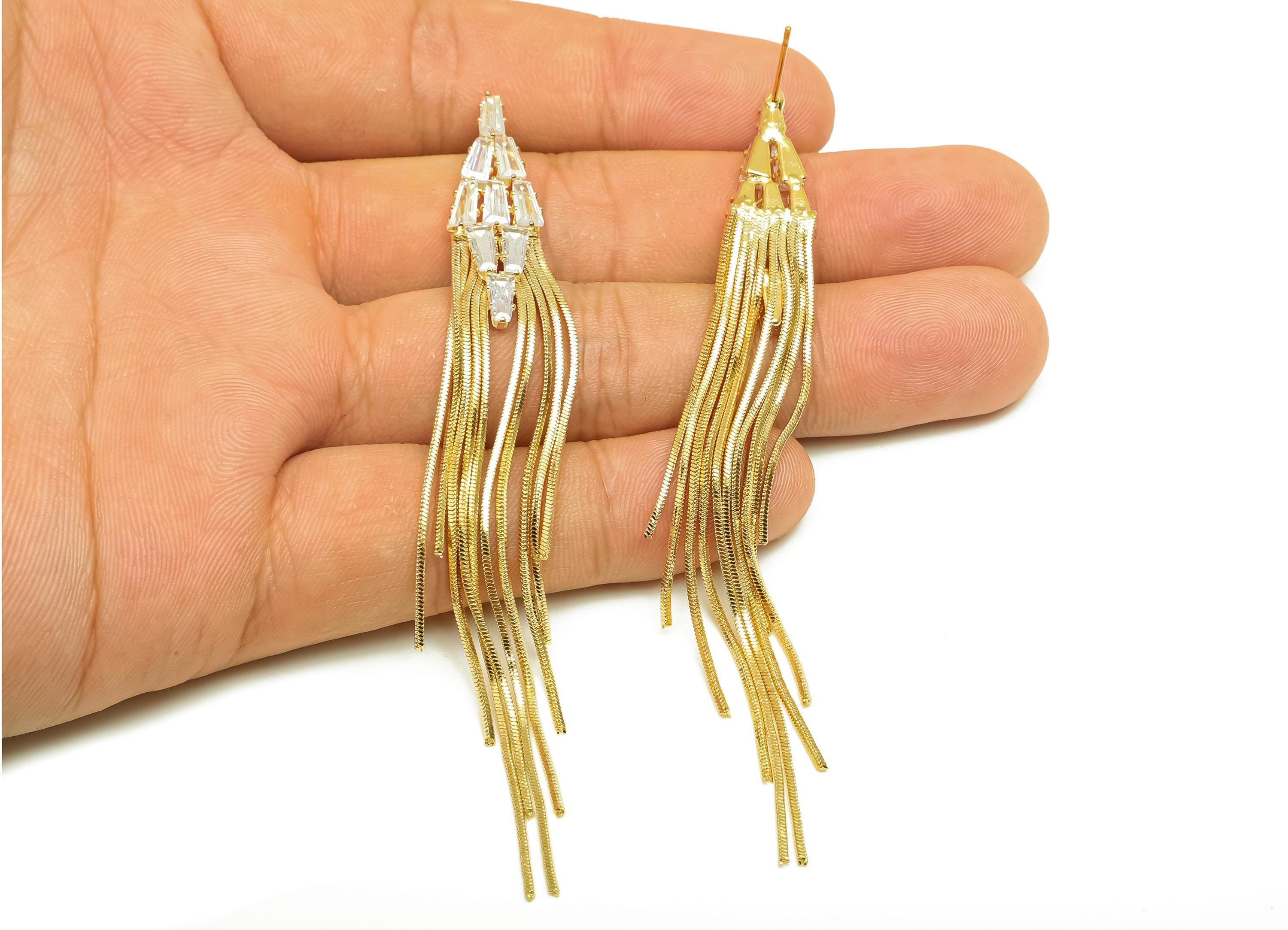 Brass CZ Earring Tassel Stud - Brass Diamond Tassel Earring - Snake Chain Zircon Earring Post - 18K Real Gold Plating - 97x10x2mm - RGP7557 - DOMEDBAZAAR