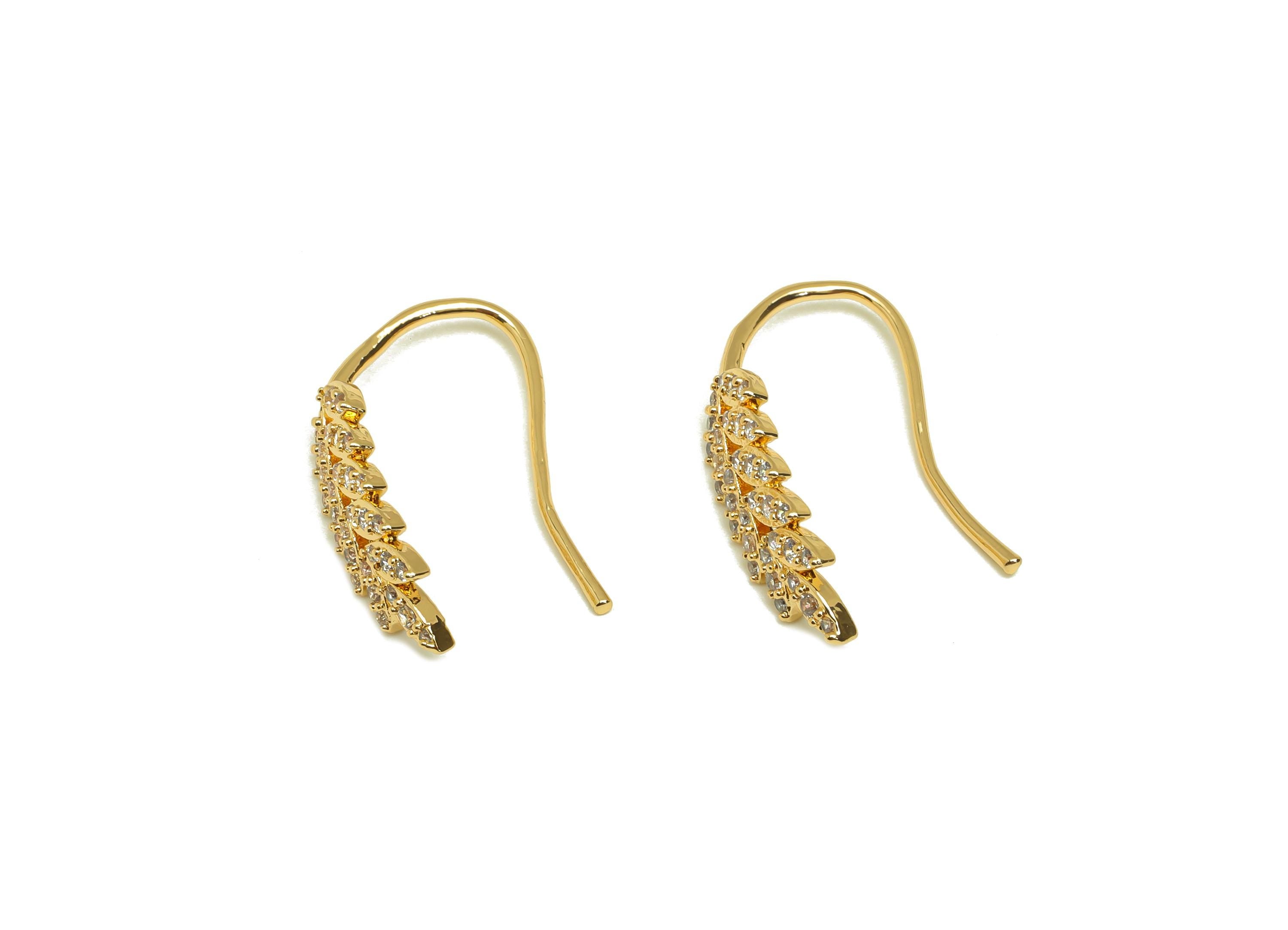 Brass Wheat Earring Wire - Gold Zircon Leaves Hoop Earring Wire - CZ Wheat Earring Wire - 18K Real Gold Plating - 26.37x7.7x2.34mm - RGP7606 - DOMEDBAZAAR