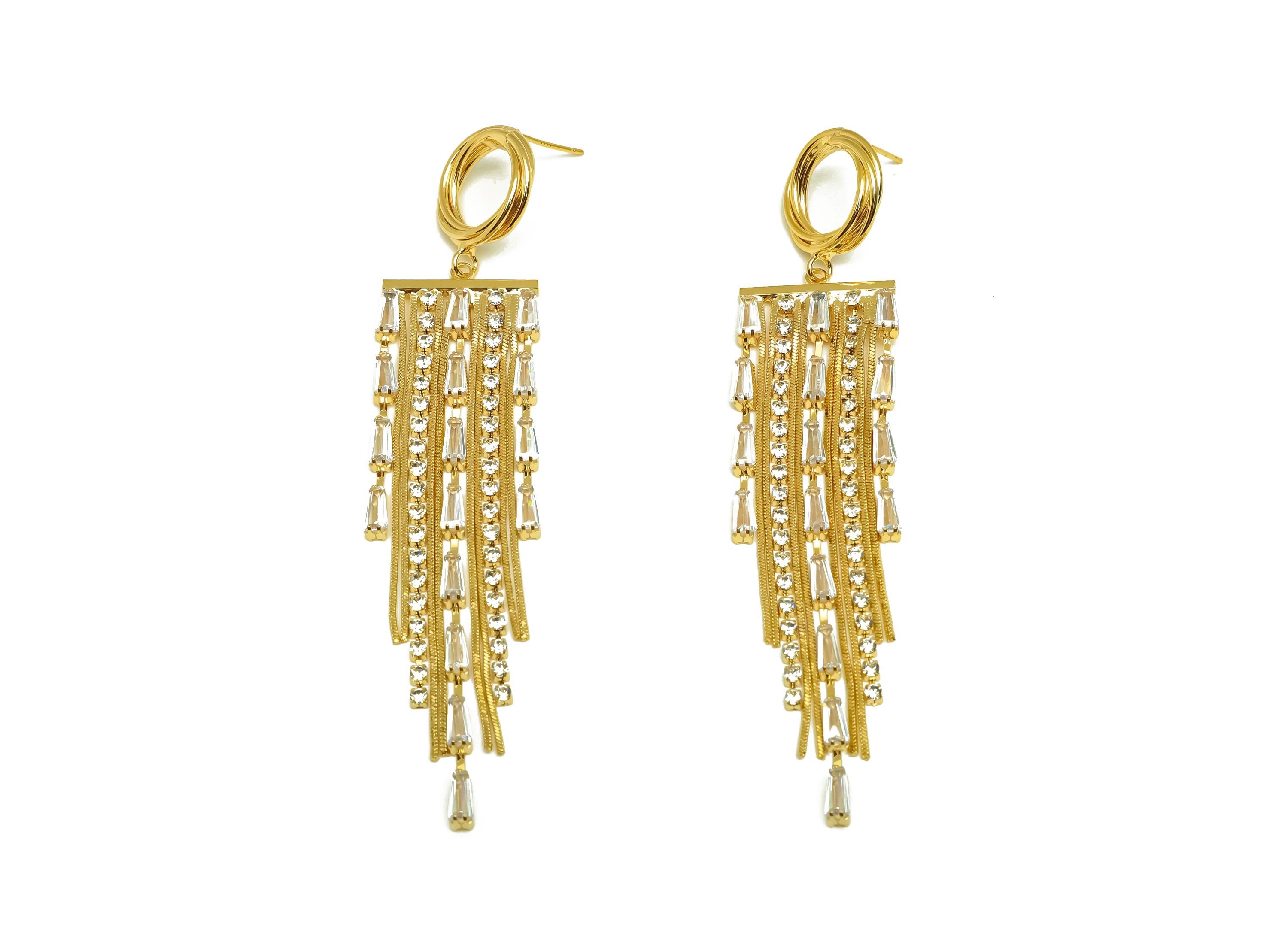 Brass CZ Earring Tassel Stud - Brass Geometry Tassel Earring - Snake Chain Zircon Earring Post - 18K Real Gold Plating -97x19x3mm - RGP7578 - DOMEDBAZAAR