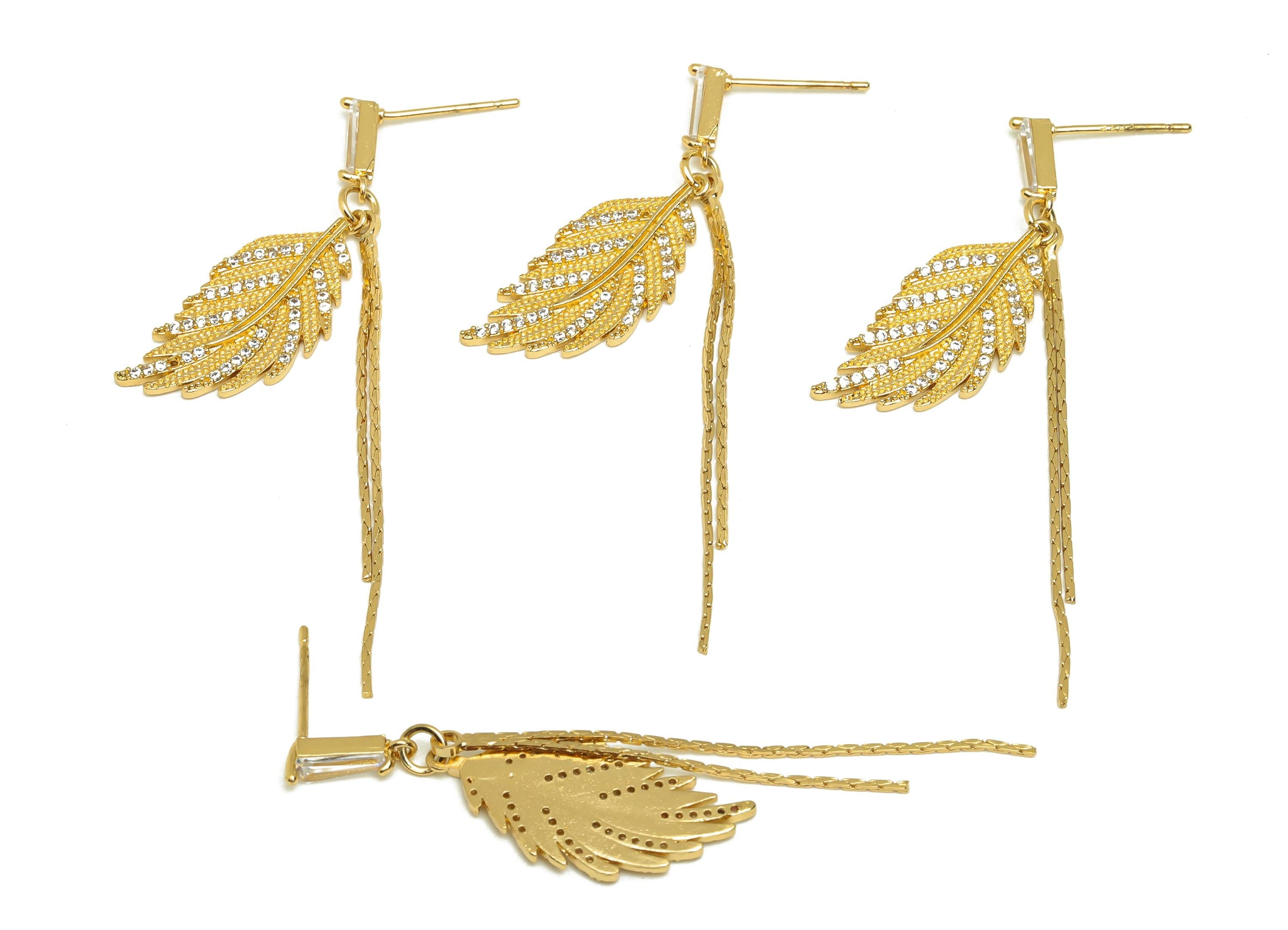Brass Leaf Dangle Earring - CZ Feather Snake Chian Earring Post - Gold Leaves Dangle Ear - 18K Real Gold Plated -45.3x11.84x1.89mm - RGP7607 - DOMEDBAZAAR