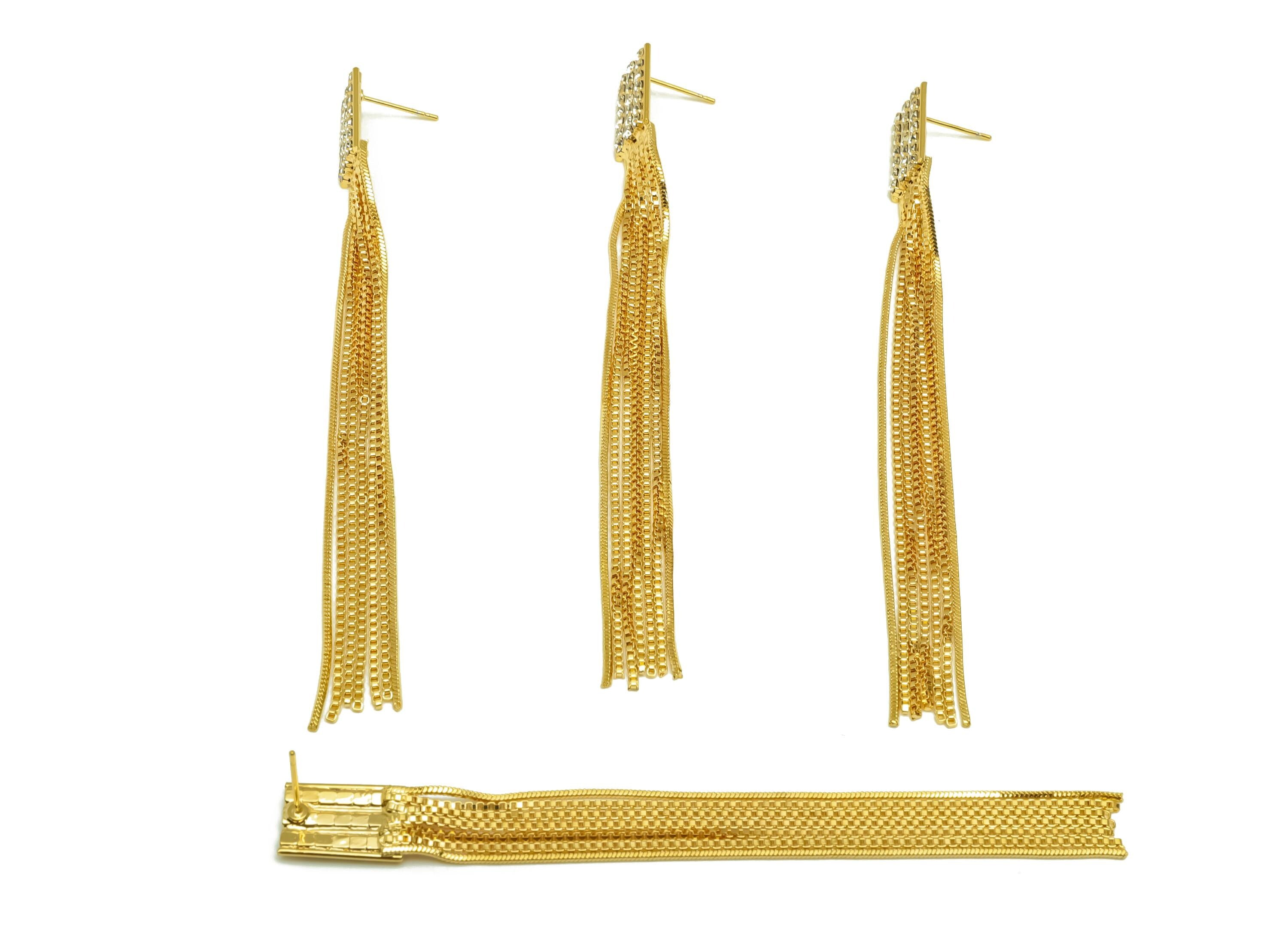 Brass CZ Earring Tassel Stud - Brass Box Chain Tassel Earring - Snake Chain Zircon Earring Post - 18K Real Gold Plating - 103x9x2mm -RGP7548 - DOMEDBAZAAR