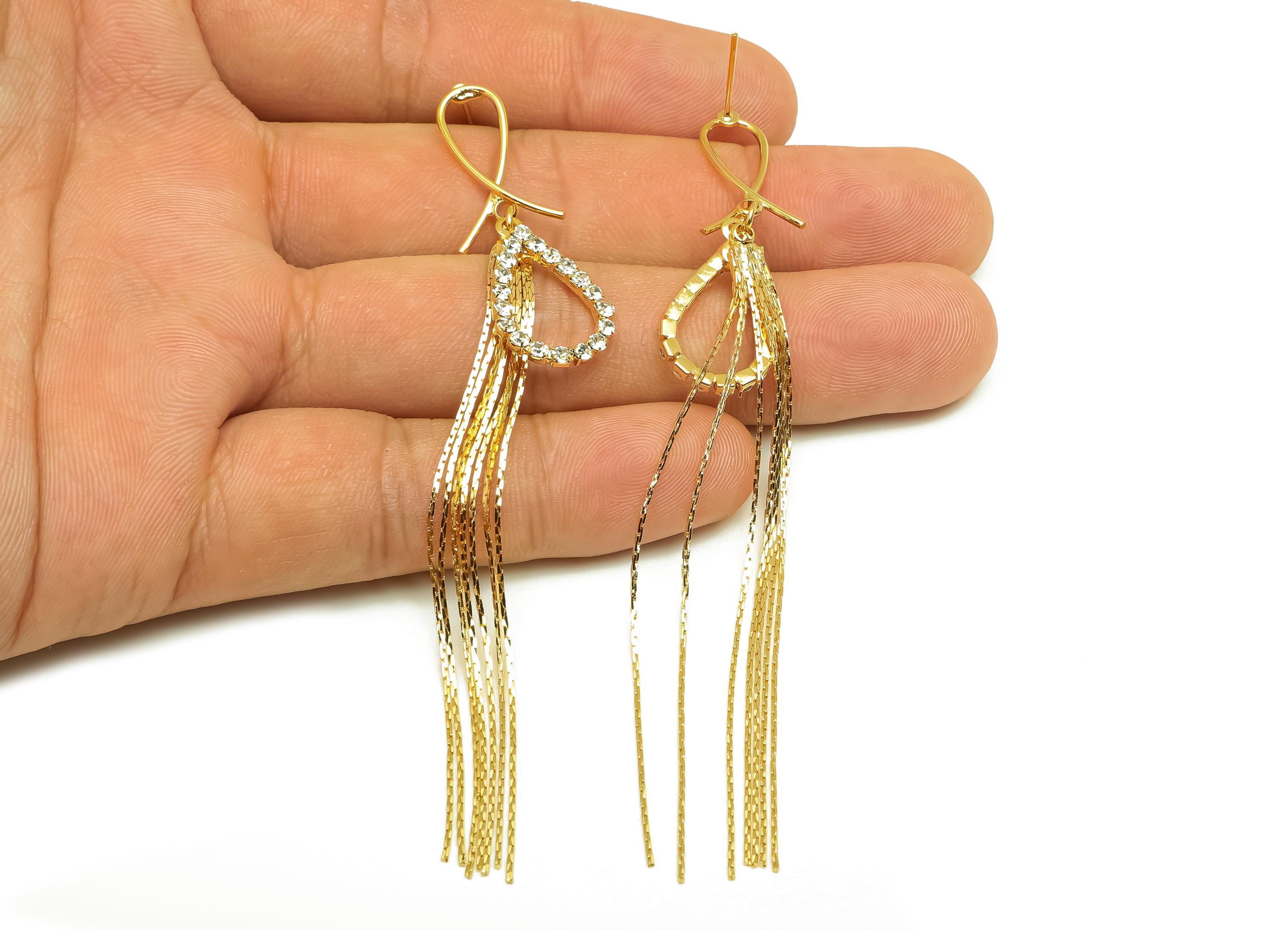 Brass CZ Earring Tassel Stud - Brass Tassel Teardrop Earring - Snake Chain Zircon Earring Post - 18K Real Gold Plating - 95x13x1mm - RGP7540 - DOMEDBAZAAR