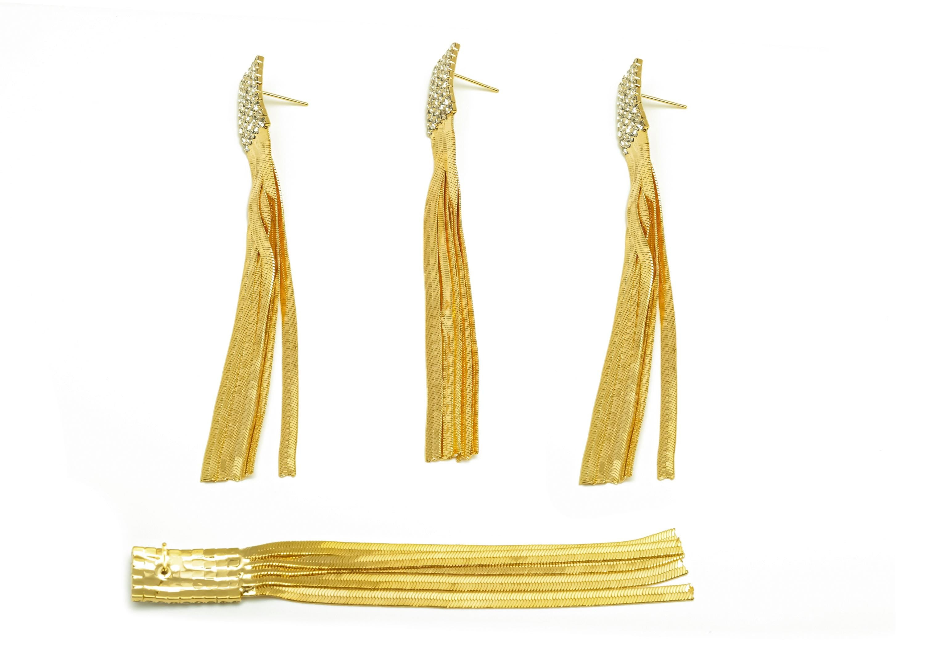 Brass CZ Earring Tassel Stud - Brass Tassel Rectangle Earring - Snake Chain Zircon Earring Post - 18K Real Gold Plating - 97x10x2mm- RGP7539 - DOMEDBAZAAR