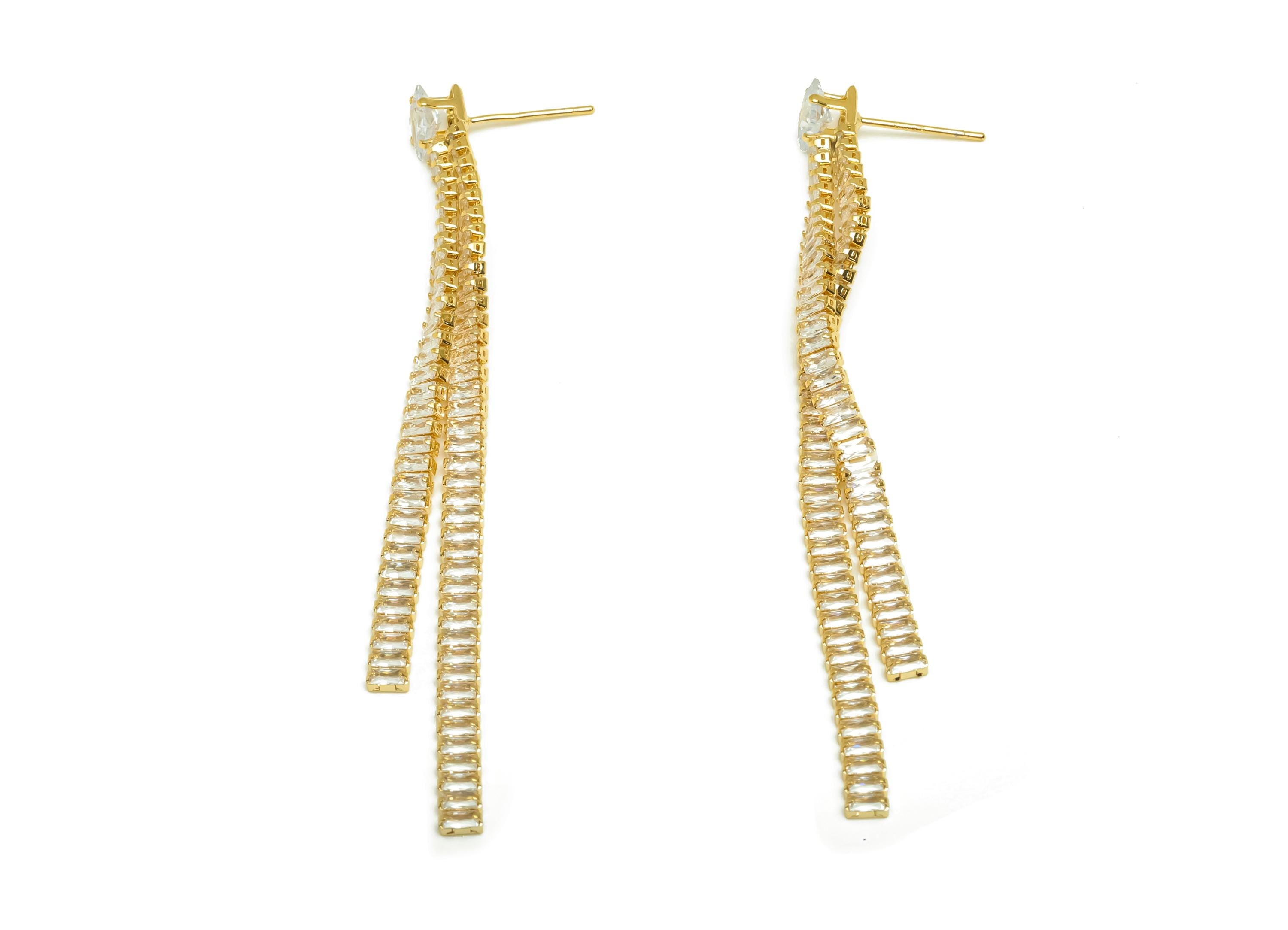 Brass CZ Earring Tassel Stud - Brass Square Earring Post - Rectangle Zircon Earring Post - 18K Real Gold Plating - 76x7x2.06mm- RGP7554 - DOMEDBAZAAR