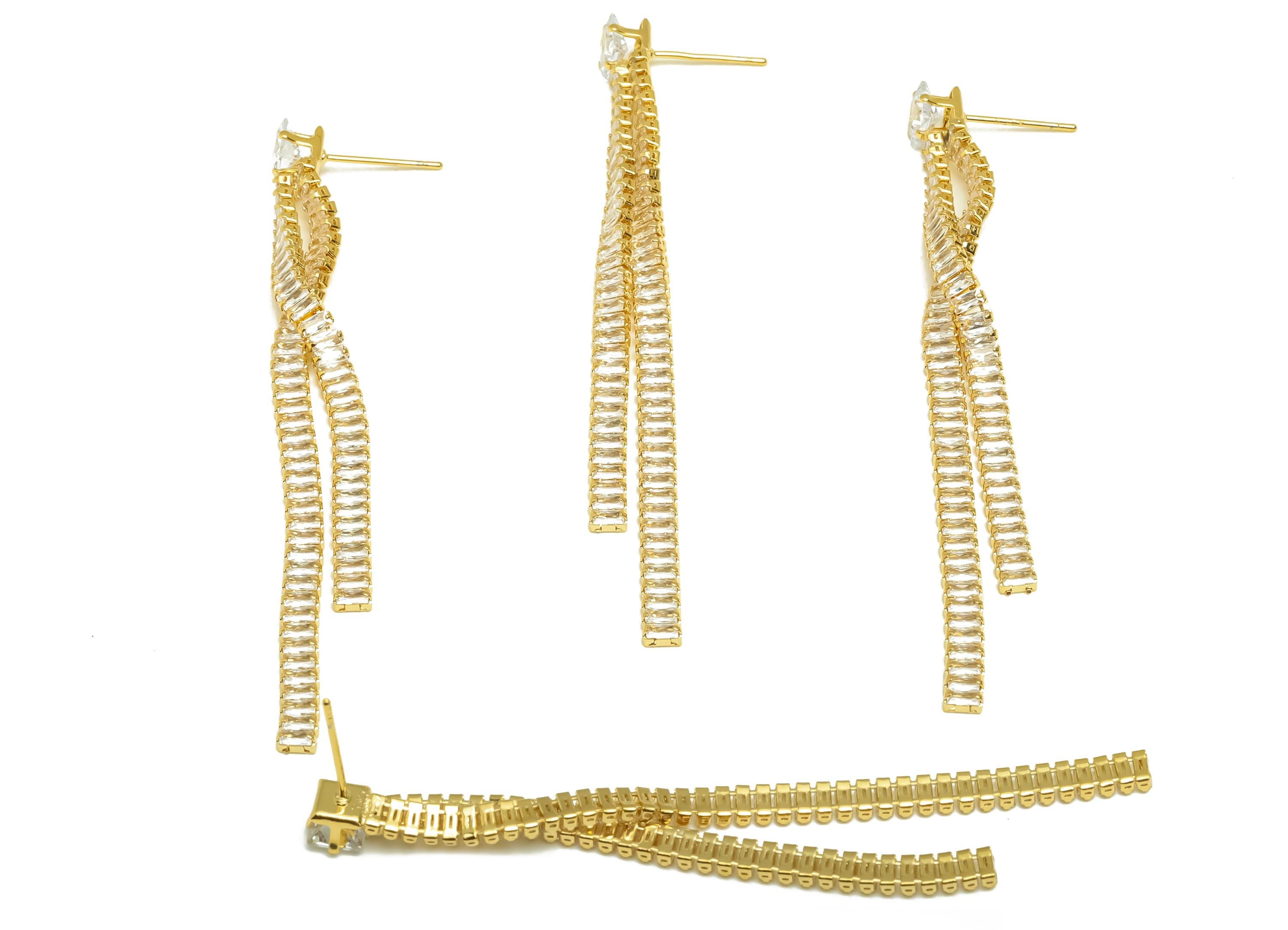 Brass CZ Earring Tassel Stud - Brass Square Earring Post - Rectangle Zircon Earring Post - 18K Real Gold Plating - 76x7x2.06mm- RGP7554 - DOMEDBAZAAR