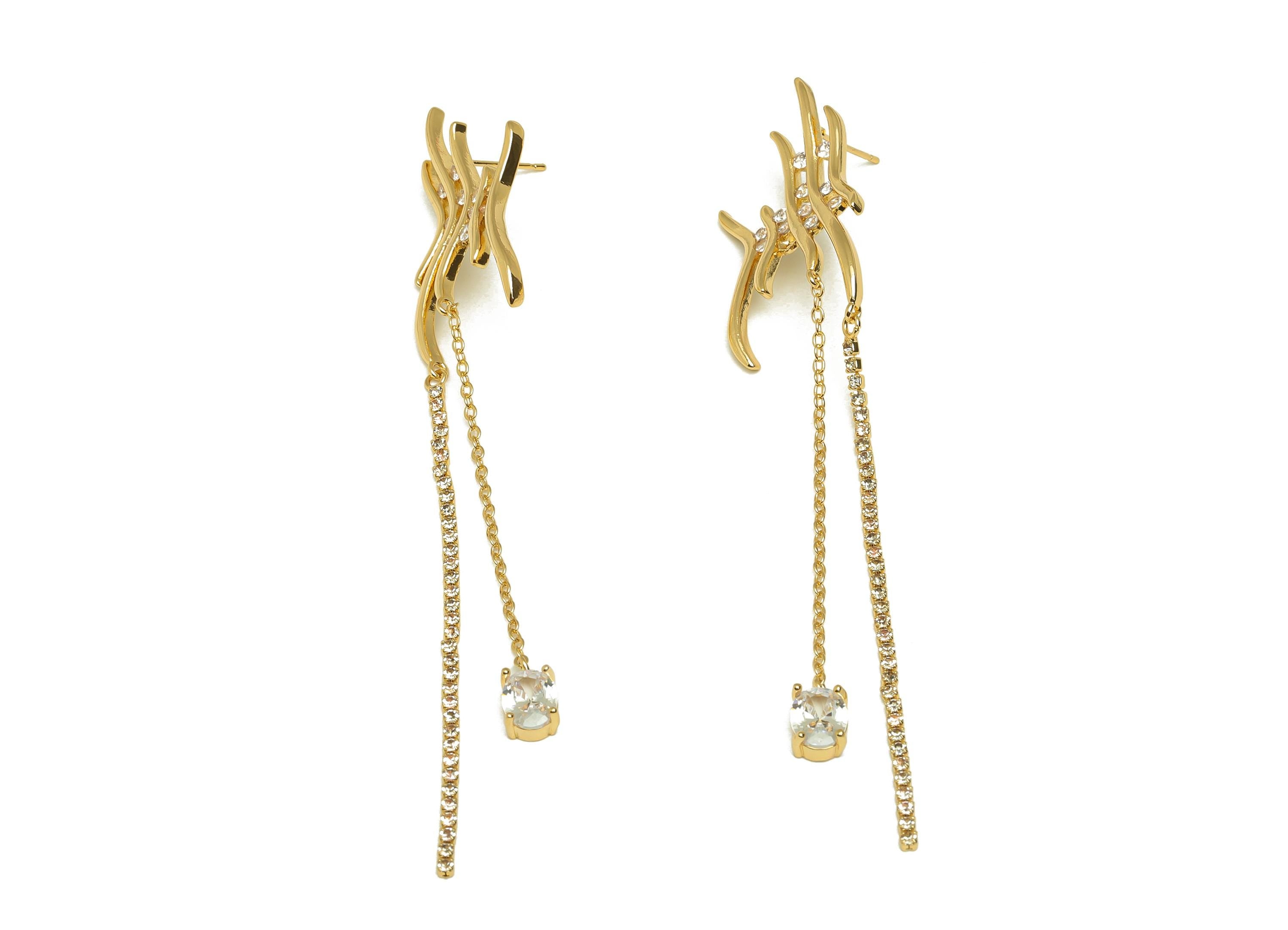 Brass Tassel Chian Earring - Textured Zircon Chian Earring Post - Gold CZ Tassel Chian Ear - 18K Real Gold Plated -108x19.78x3.1mm - RGP7611 - DOMEDBAZAAR