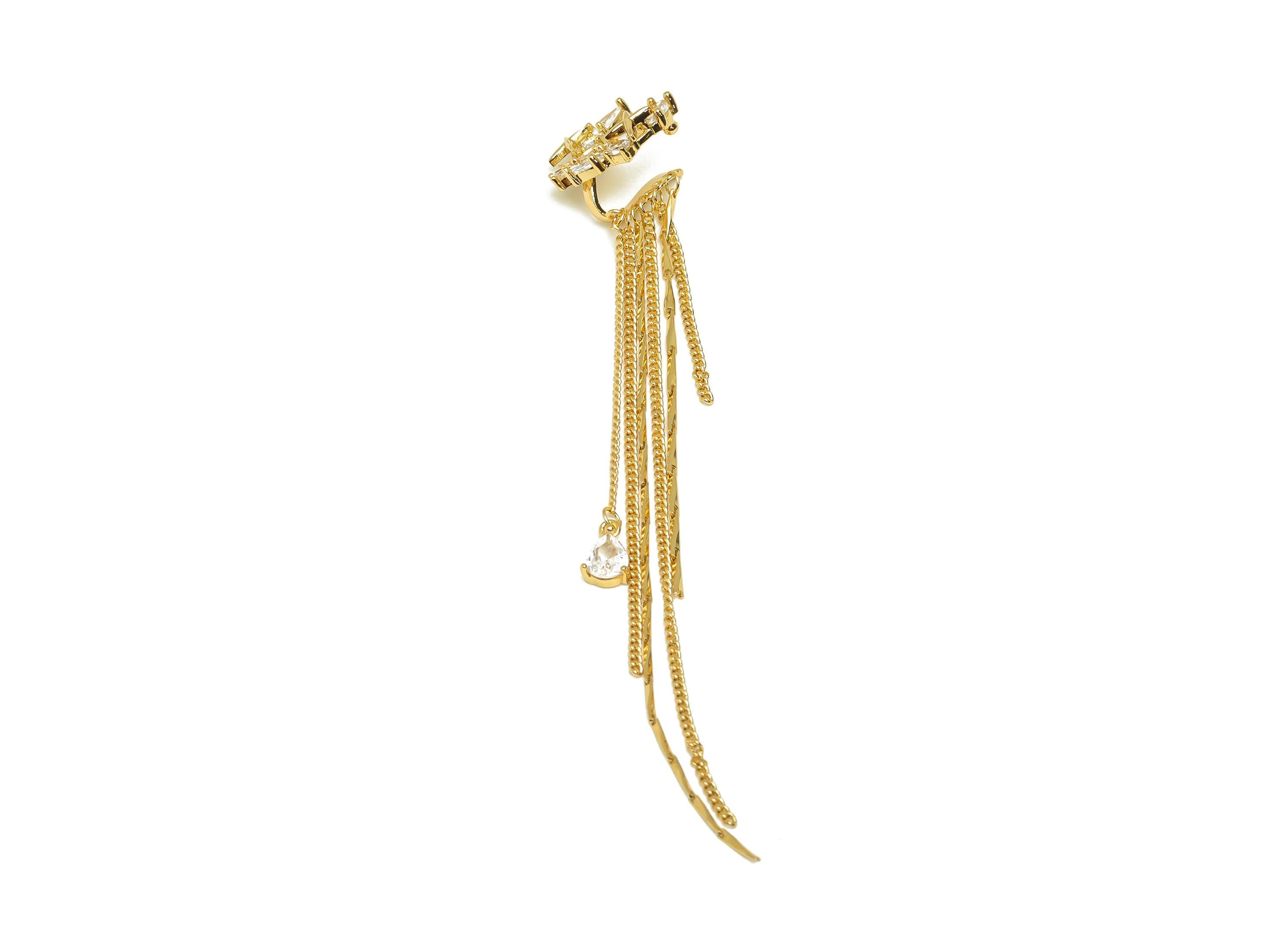 Brass Moon Star Ear Cuff - CZ Gold C Tassel Earring Cuff - Zircon Cartilage Cuff Chain Ear - 18K Real Gold Plated - 105x17x9.8mm - RGP7612 - DOMEDBAZAAR