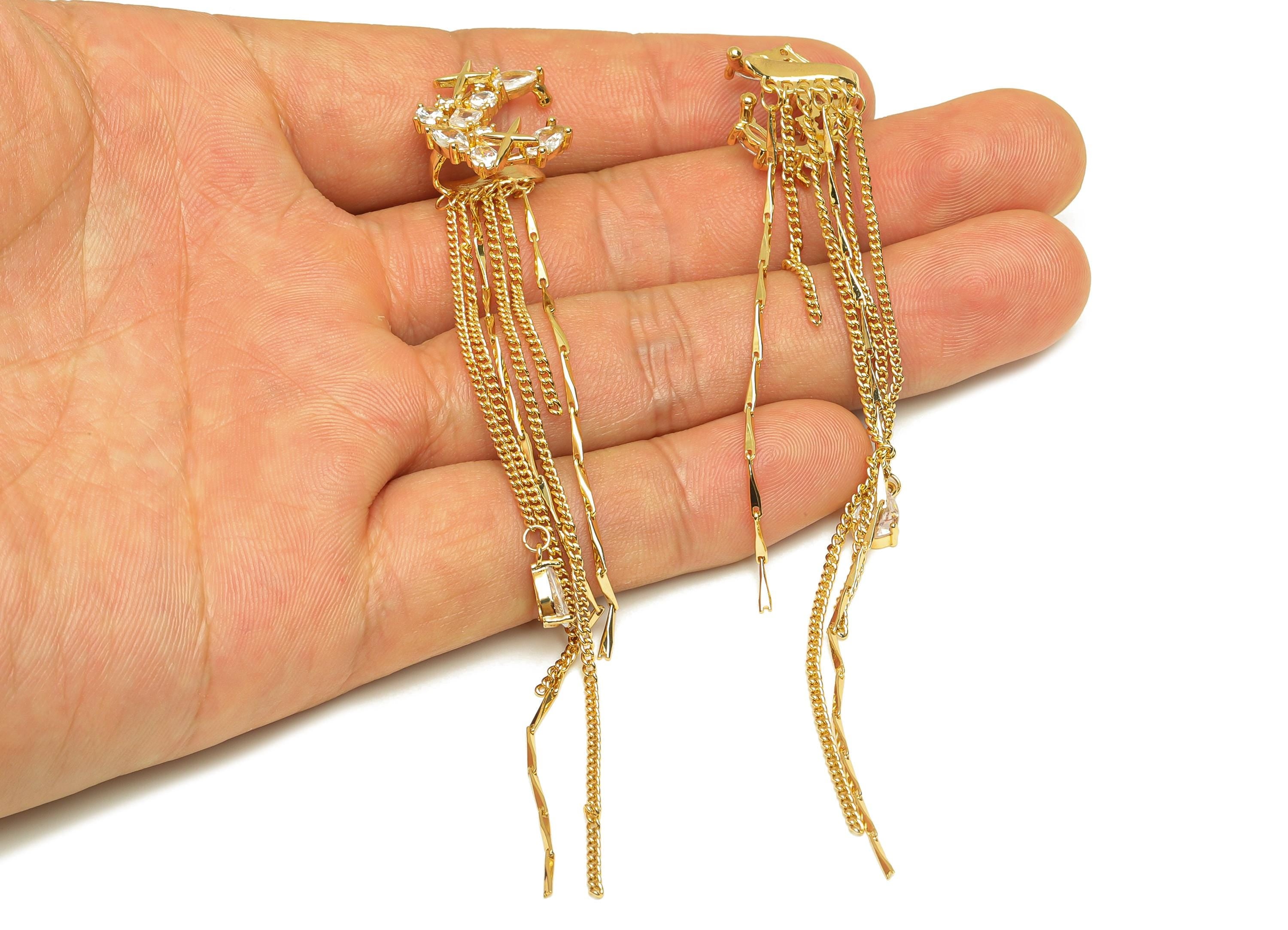 Brass Moon Star Ear Cuff - CZ Gold C Tassel Earring Cuff - Zircon Cartilage Cuff Chain Ear - 18K Real Gold Plated - 105x17x9.8mm - RGP7612 - DOMEDBAZAAR