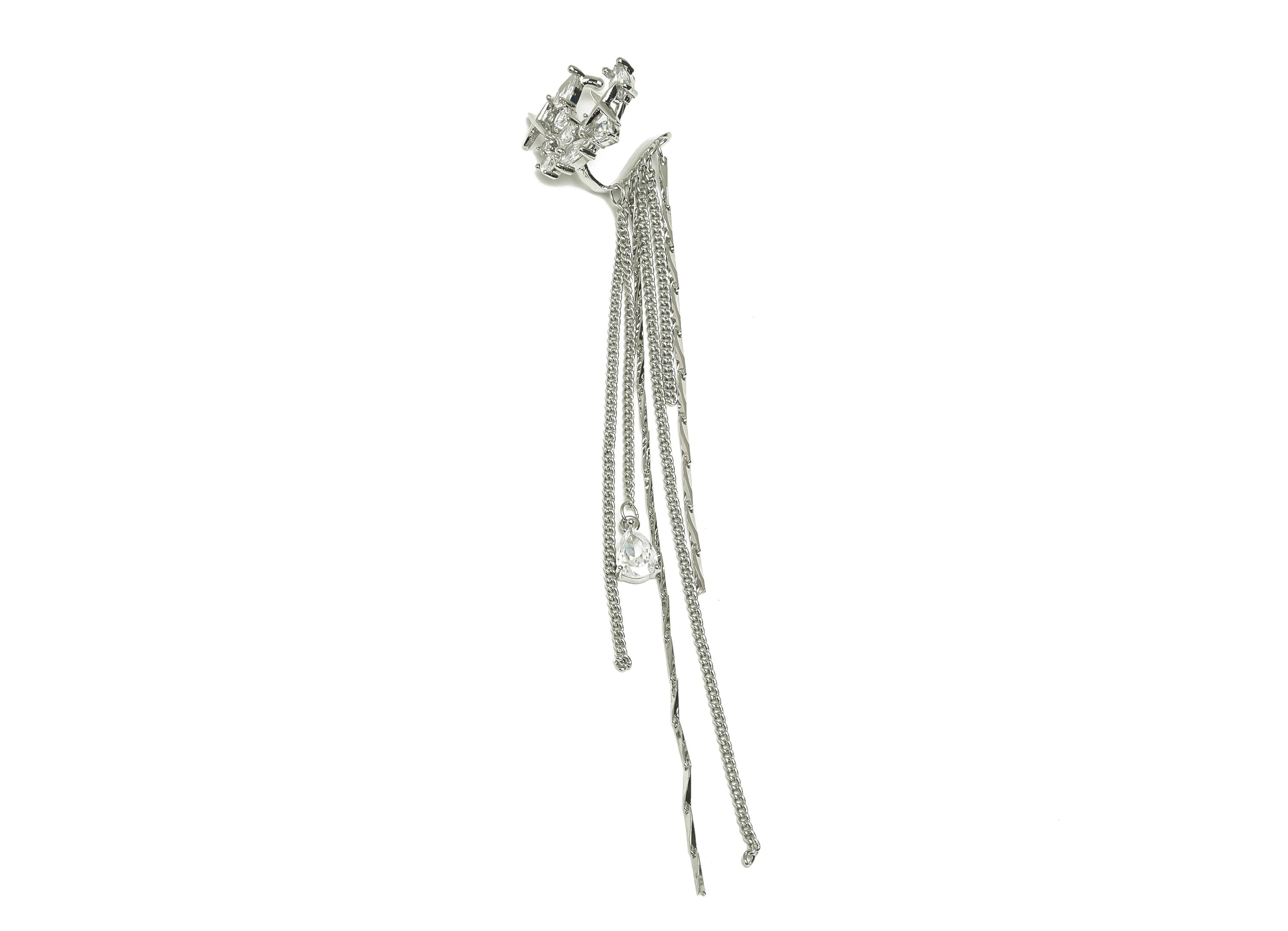 Brass Moon Star Ear Cuff - CZ White Tassel Earring - Zircon Cartilage Cuff Chain Ear - 18K Real White Gold Plated - 106x18.6x9.78mm- RGP7613 - DOMEDBAZAAR