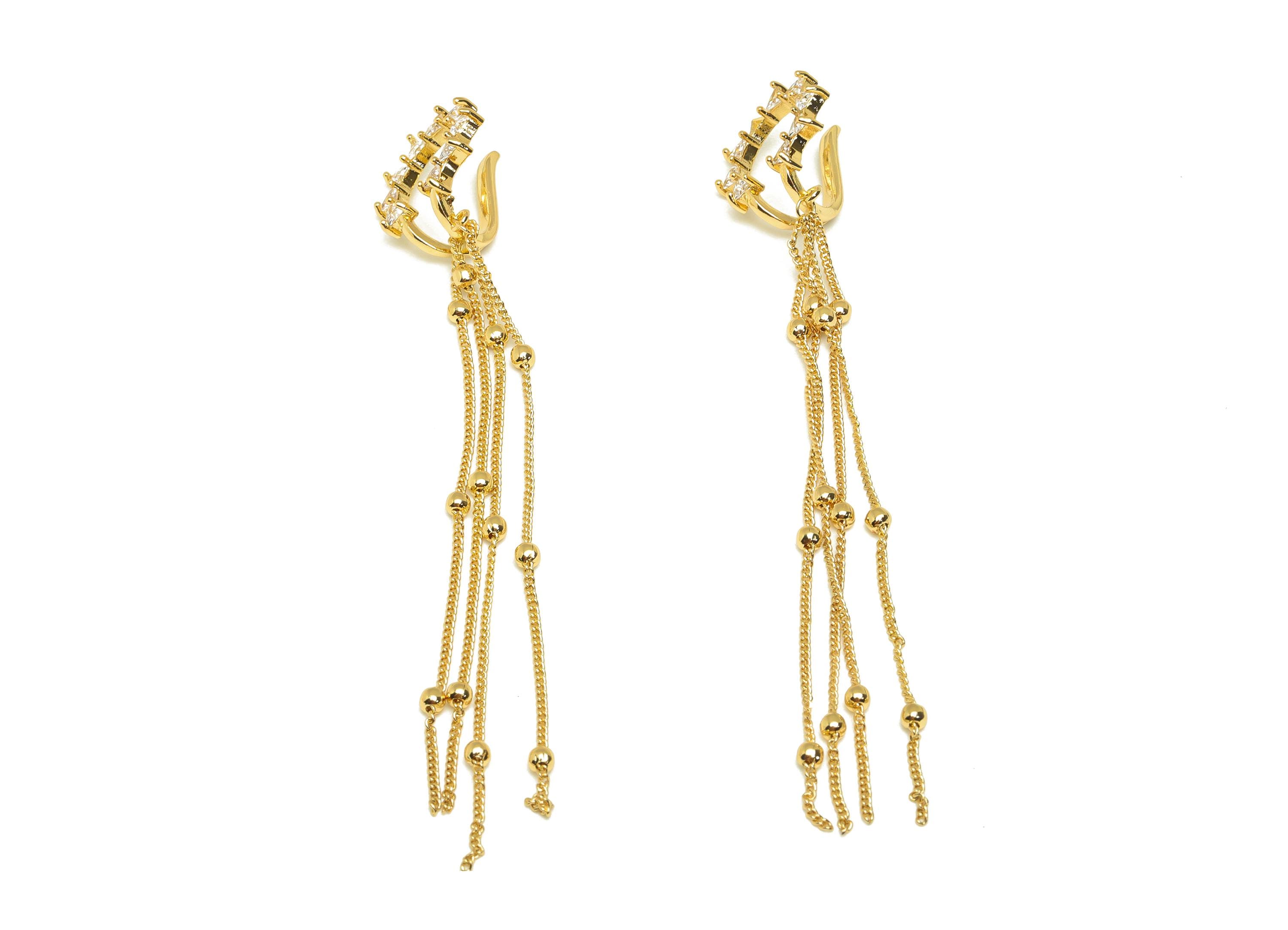 Brass Sunshine Ear Cuff - Gold Sun Tassel Earring Cuff - Zircon Cartilage Cuff Chain Ear - 18K Real Gold Plated -110.2x18.5x12.54mm -RGP7614 - DOMEDBAZAAR