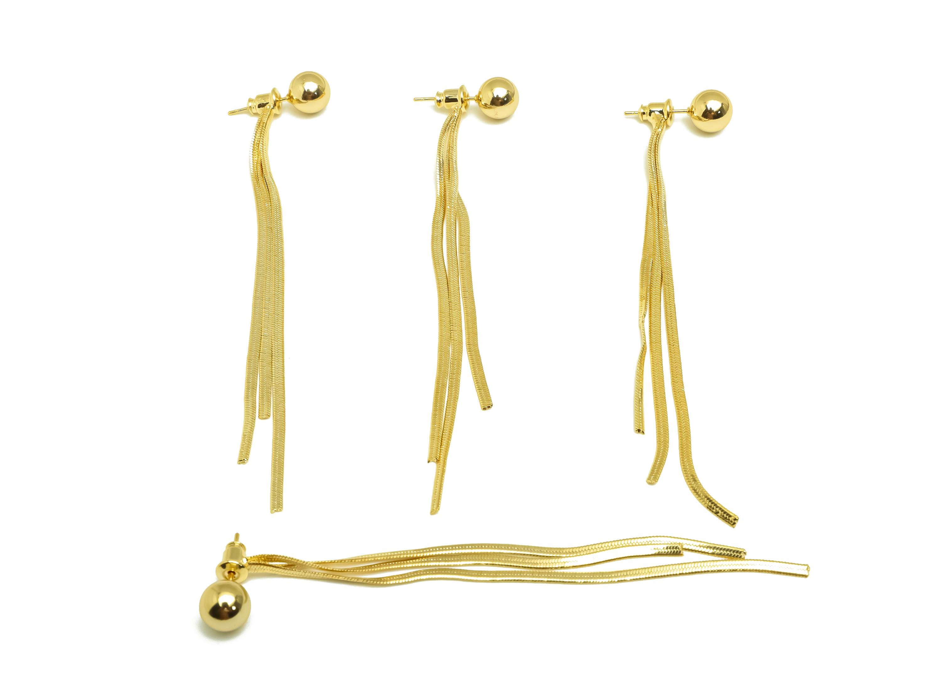 Brass Earring Tassel Stud - Brass Ball Tassel Earring - Brass Dangle Snake Chain Earring Post - 18K Real Gold Plating - 94x7x11mm - RGP7568 - DOMEDBAZAAR