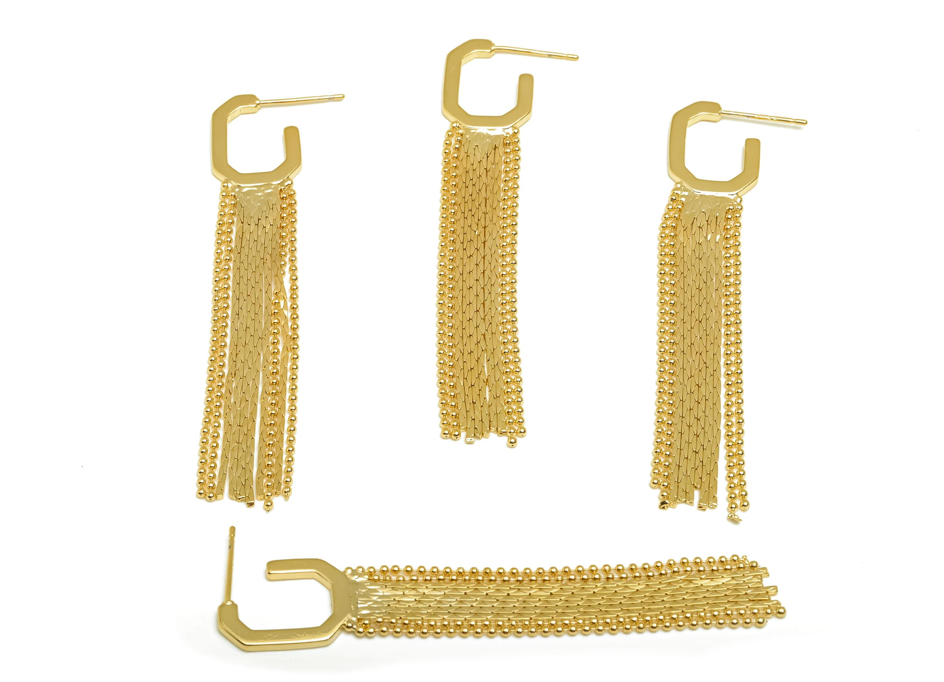 Brass Earring Tassel Stud - Brass Hoop Rectangle Bead Tassel Earring - Snake Chain Earring Post - 18K Real Gold Plating - 67x12x1mm -RGP7559 - DOMEDBAZAAR