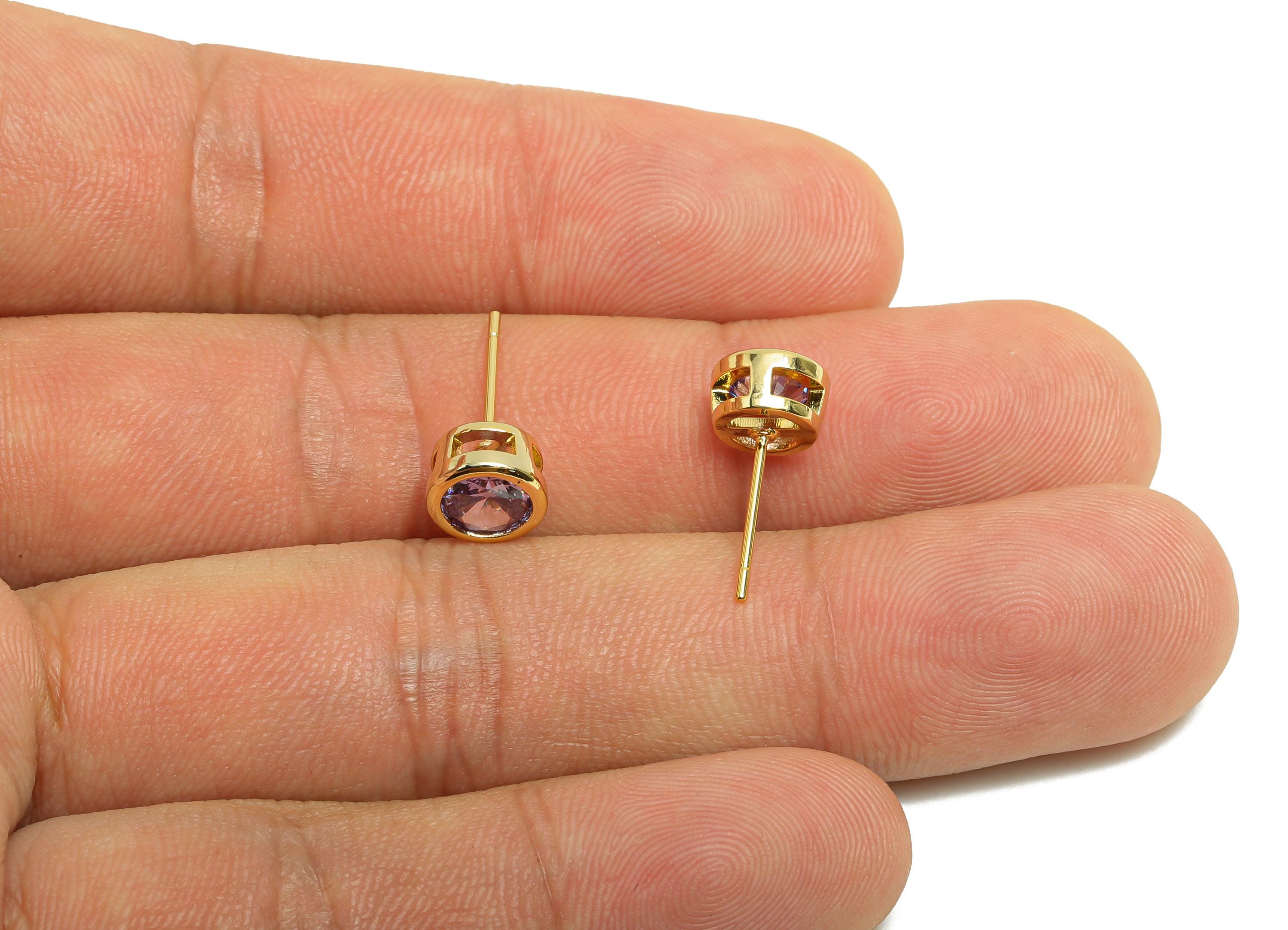 Brass CZ Earring Post - Brass Light Amethyst Earring Stud - Brass Cubic Zircon Earring Post  - 18K Real Gold Plating - 16x7x5.5mm - RGP8395Y - DOMEDBAZAAR
