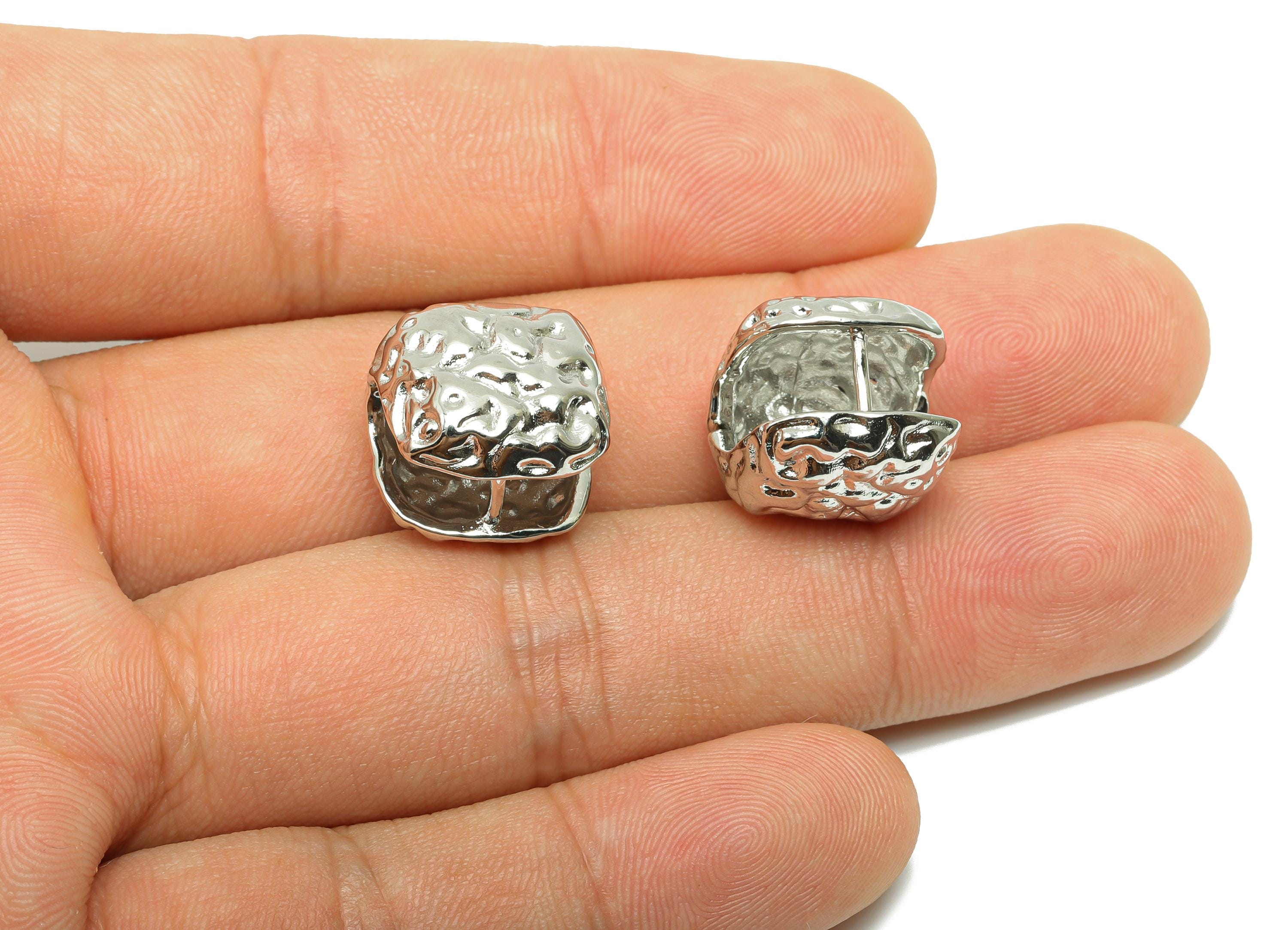 Square Hammered Huggie Ear - For Woman&#39;s Hoop Earring - Brass Daily Wear Earring - 18K Real White Gold Plated - 15.72x16.05x5.85mm - RGP8254 - DOMEDBAZAAR