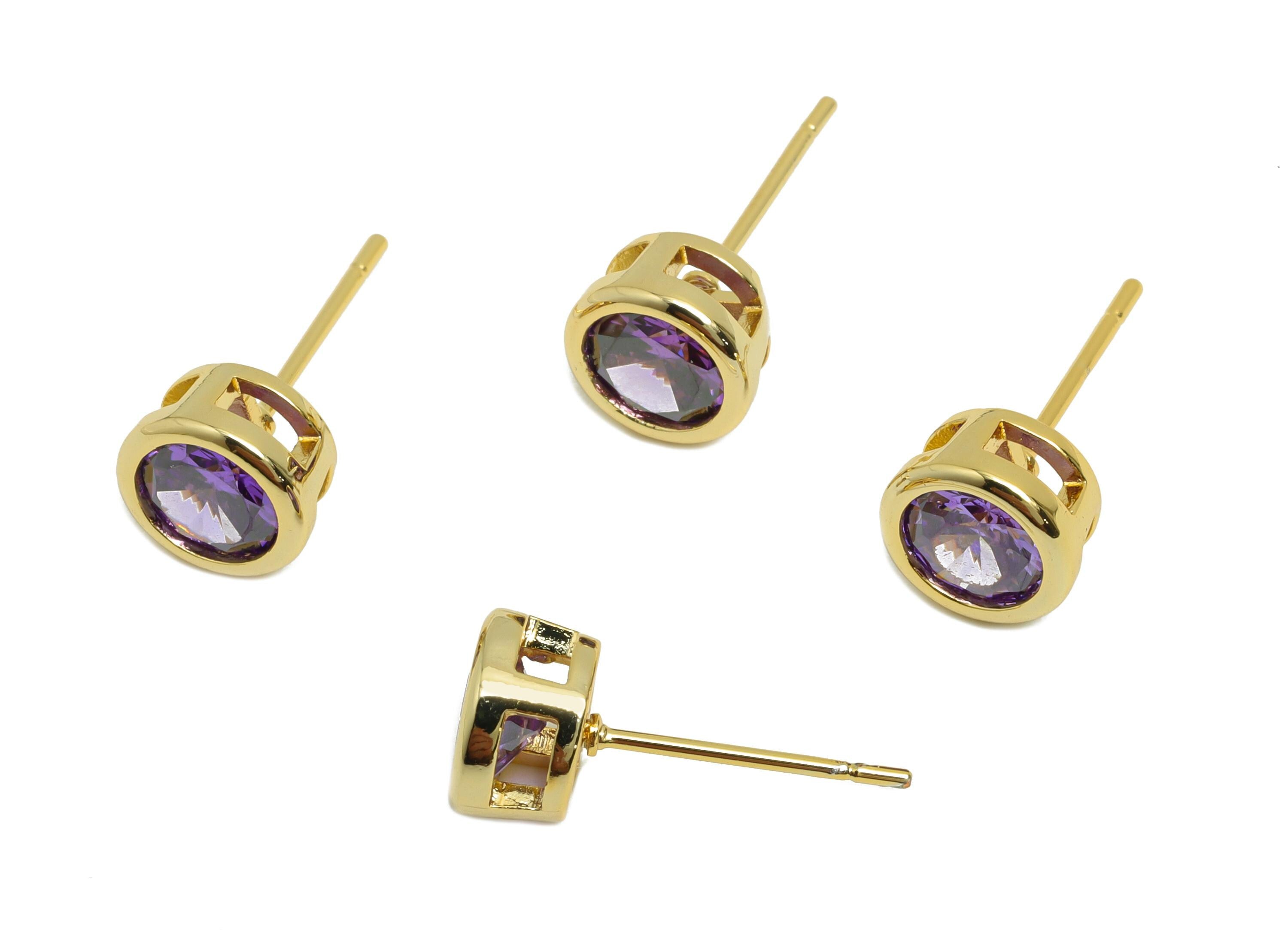 Brass CZ Earring Post - Brass Deep Violet Earring Stud - Cubic Zircon Earring Post  - Gold Jewelry - 18K Real Gold Plated -16x7x5mm-RGP8395S - DOMEDBAZAAR