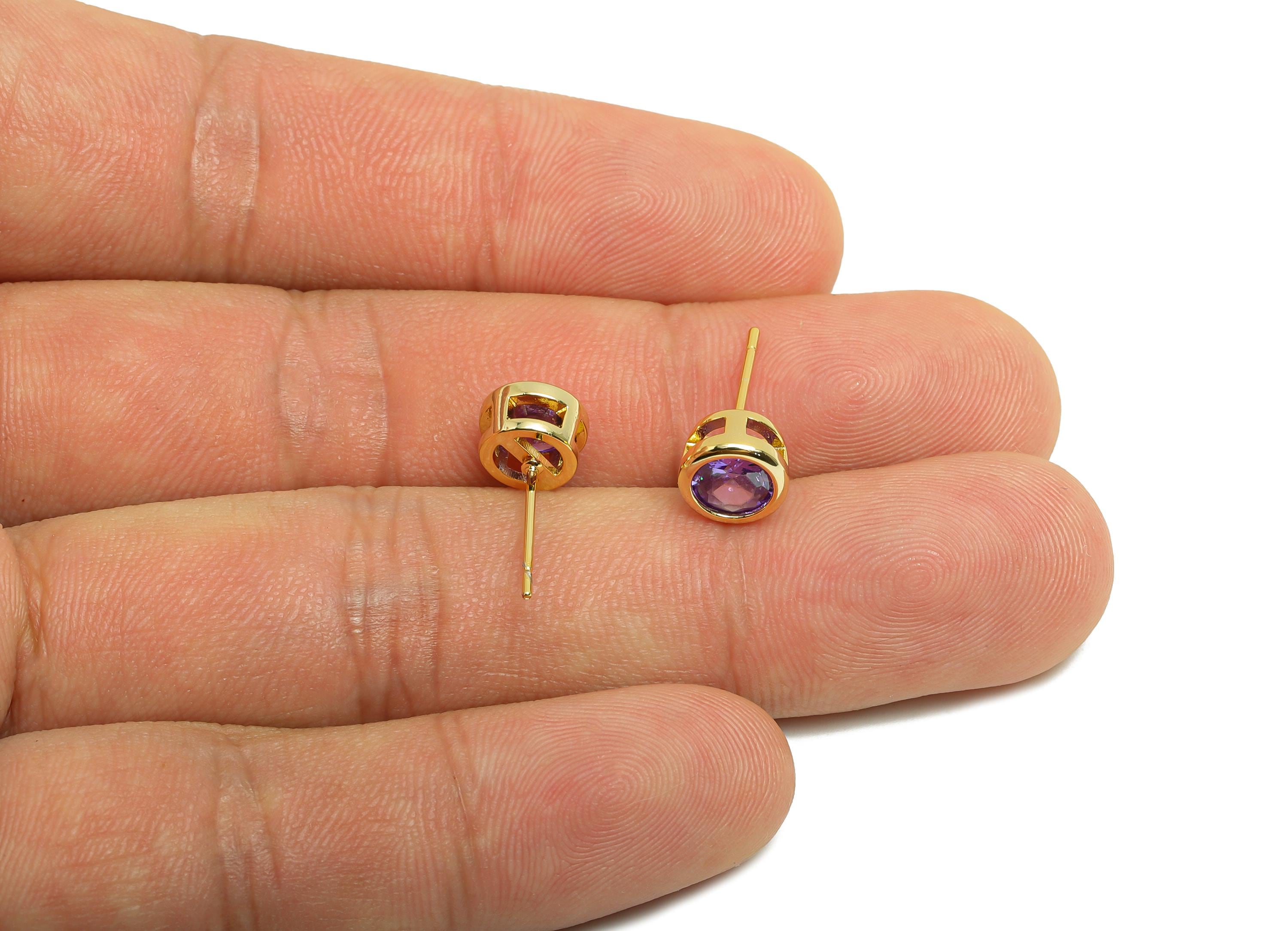 Brass CZ Earring Post - Brass Deep Violet Earring Stud - Cubic Zircon Earring Post  - Gold Jewelry - 18K Real Gold Plated -16x7x5mm-RGP8395S - DOMEDBAZAAR