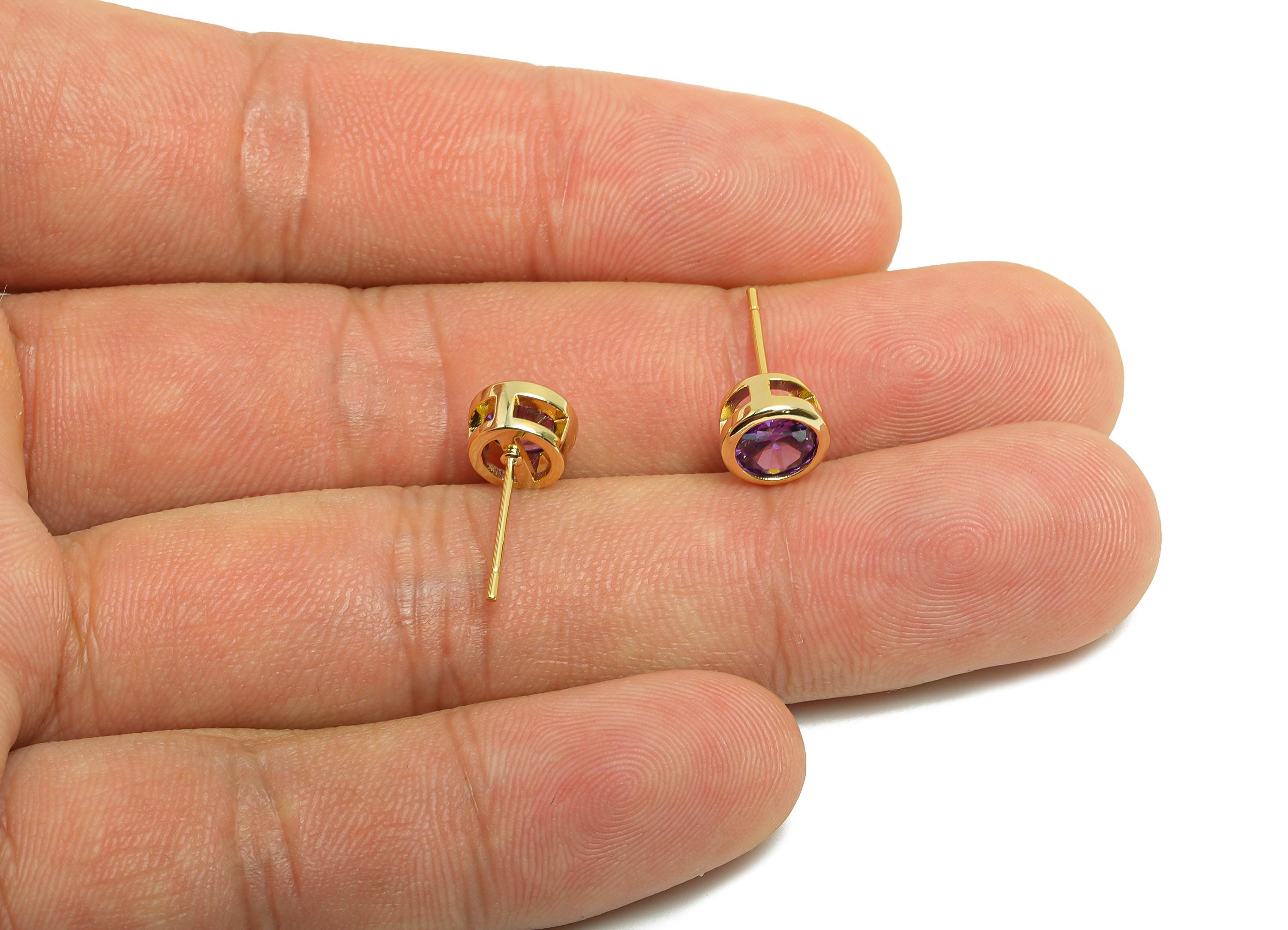 Brass CZ Earring Post - Brass D-Amethyst Earring Stud - Cubic Zircon Earring Post  - Gold Jewelry - 18K Real Gold Plated -16x7x5mm-RGP8395T - DOMEDBAZAAR
