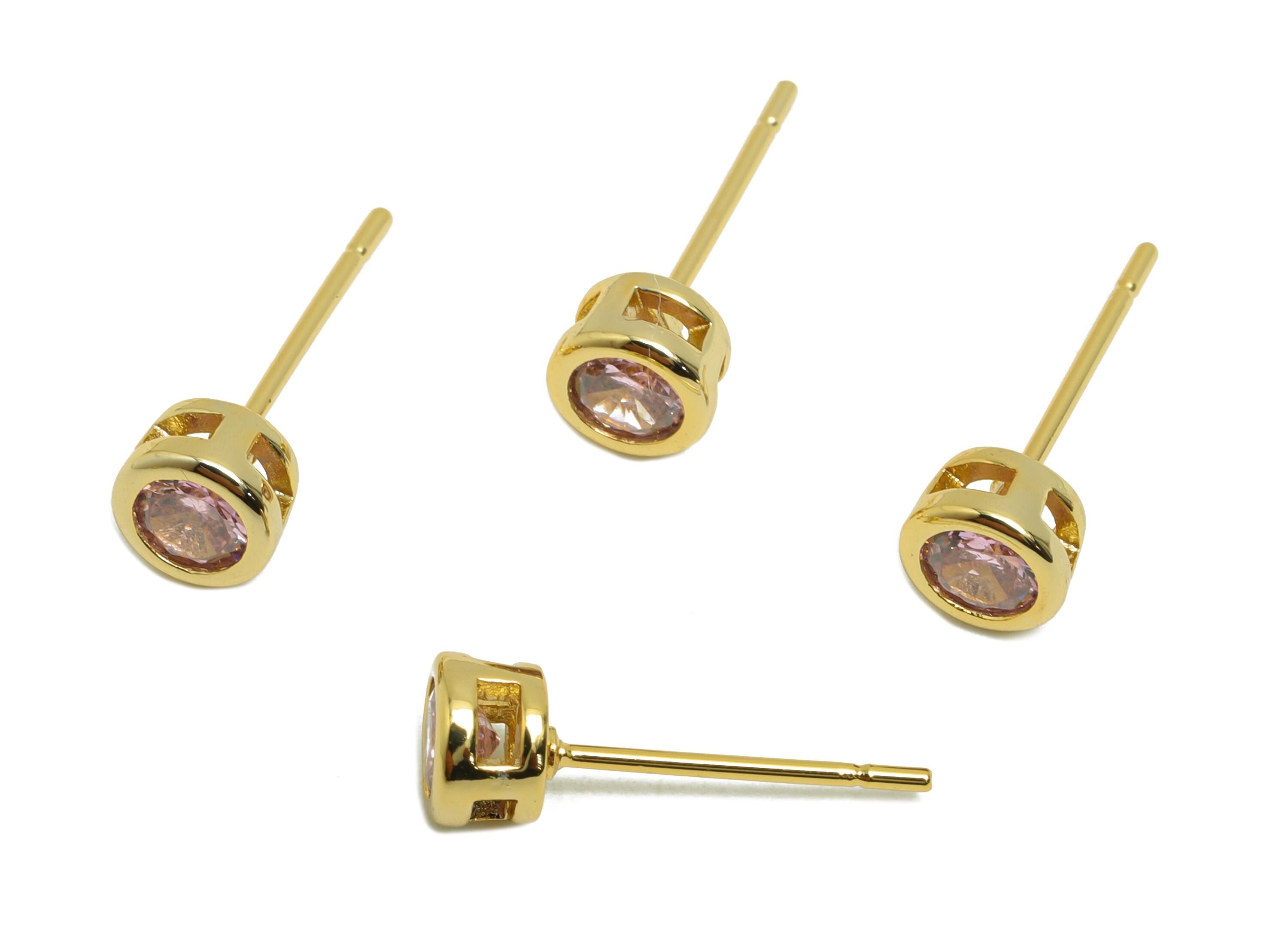 Brass CZ Earring Post - Brass Pink (CZ-01) Earring Stud - Cubic Zircon Post  - Gold Jewelry - 18K Real Gold Plated - 15x5x3mm - RGP8397D - DOMEDBAZAAR