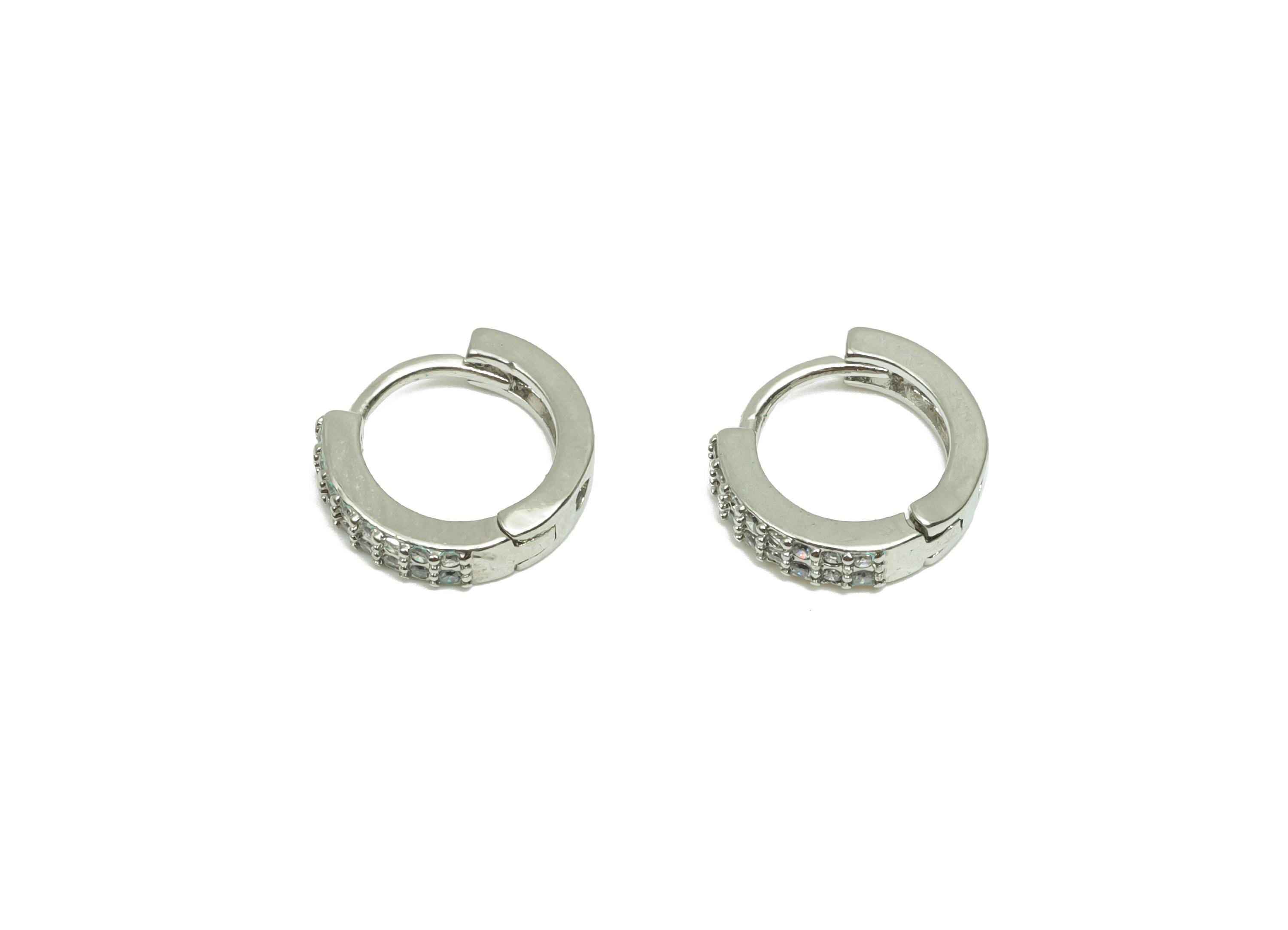 Zircon Round Huggie Earring - For Lady&#39;s Hoop Earring - Brass Mini Daily Wear Ear - 18K Real White Gold Plated - 10.27x11.14x2.6mm - RGP8259 - DOMEDBAZAAR