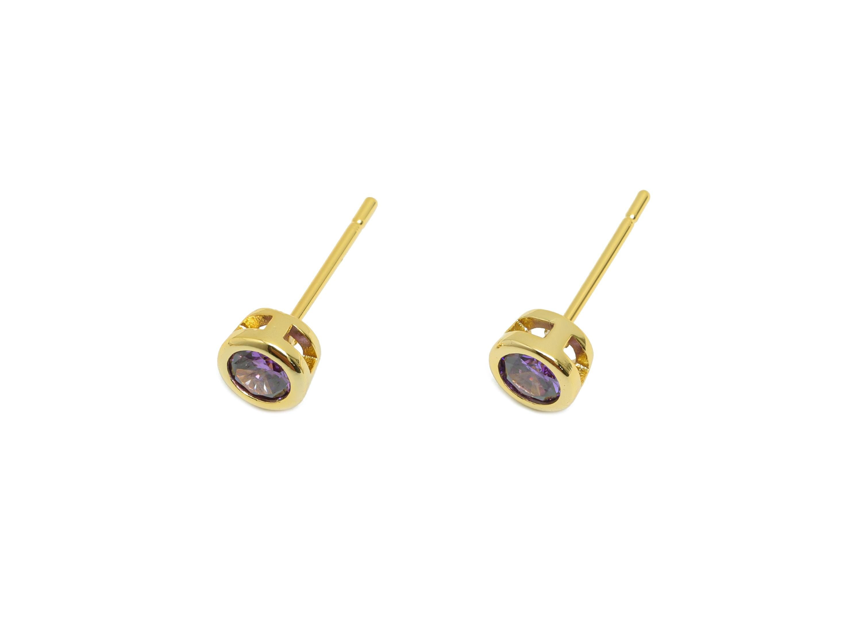 Brass CZ Earring Post - Brass Amethyst Earring Stud - Cubic Zircon Earring Post  - Gold Jewelry - 18K Real Gold Plated -15x5x3mm-RGP8397B - DOMEDBAZAAR