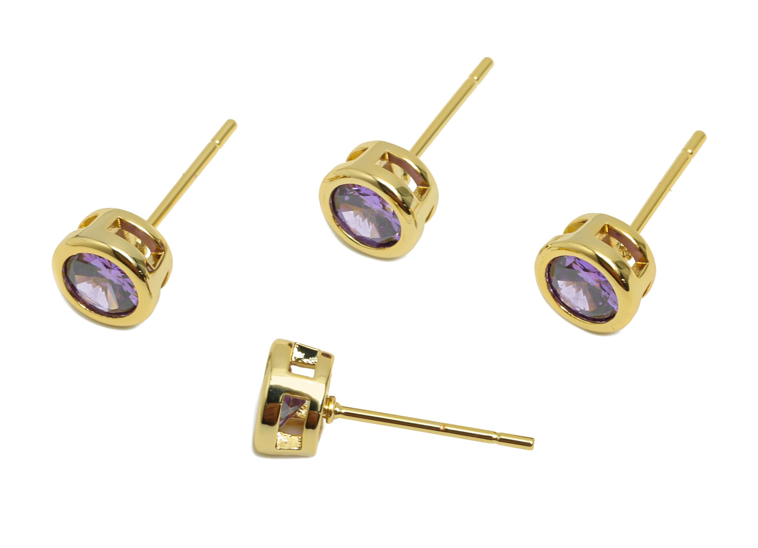 Brass Earring Post - Brass Deep Violet (CZ-08) Earring Stud - Zircon Earring Post - Gold Jewelry - 18K Real Gold Plated - 15x6x4mm -RGP8396U - DOMEDBAZAAR