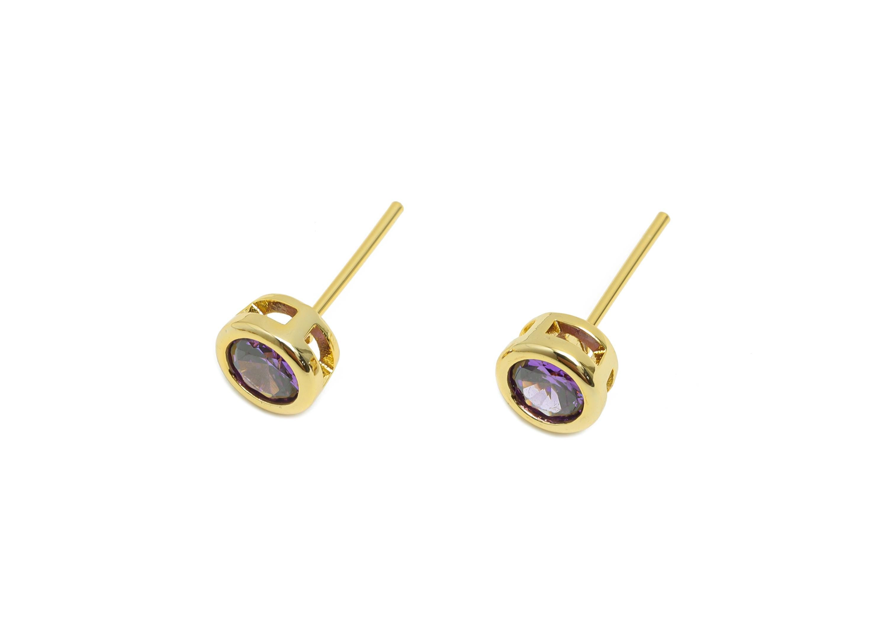 Brass CZ Earring Post - Brass Deep Amethyst Earring Stud - Zircon Earring Post - Gold Jewelry - 18K Real Gold Plated - 15x6x4mm - RGP8396K - DOMEDBAZAAR