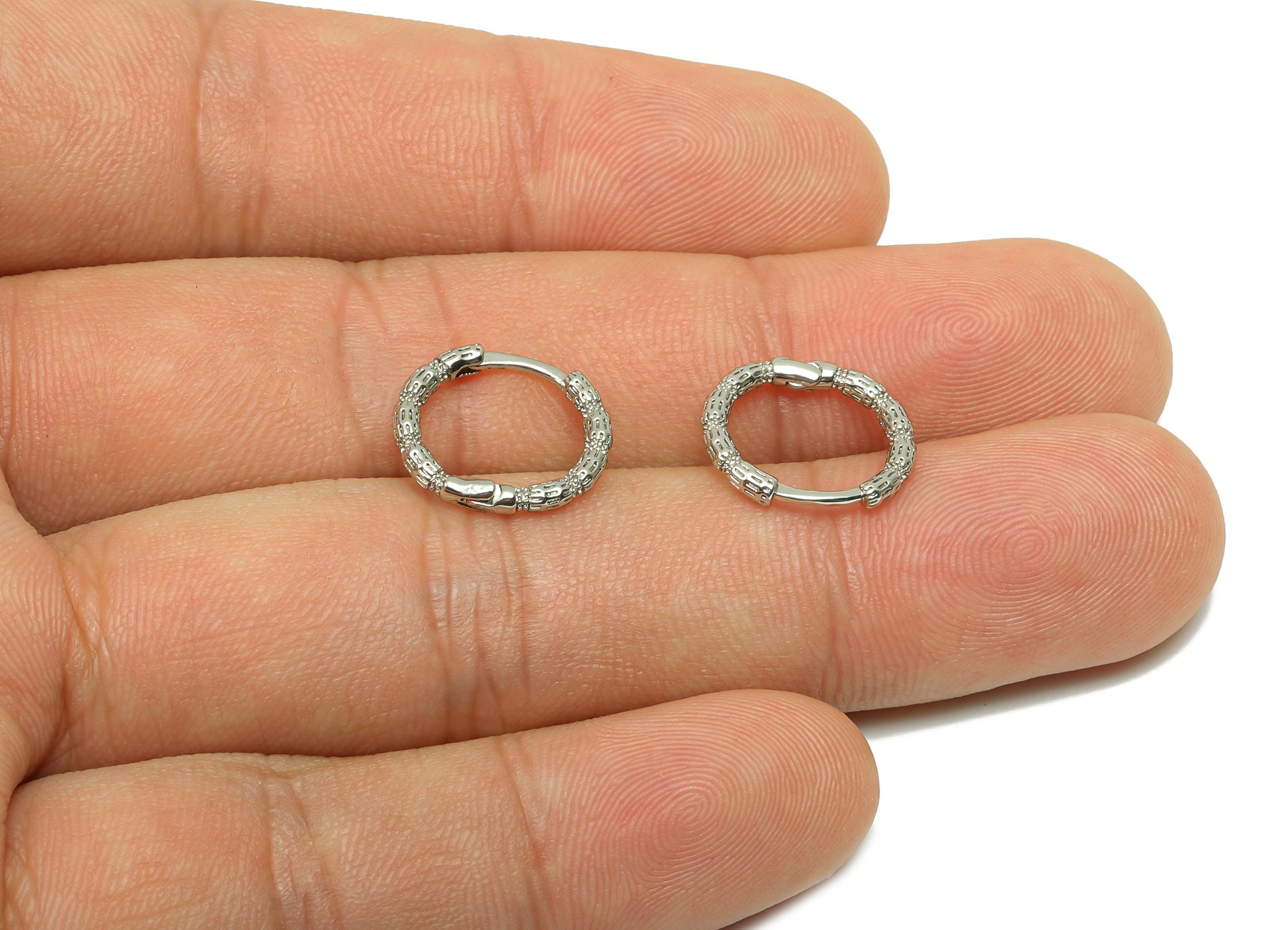 Textured Round Earring - For Girl&#39;s Huggie Earring - Brass Daily Wear Hoop Earring - 18K Real White Gold Plated -12.65x13.66x1.72mm- RGP8260 - DOMEDBAZAAR