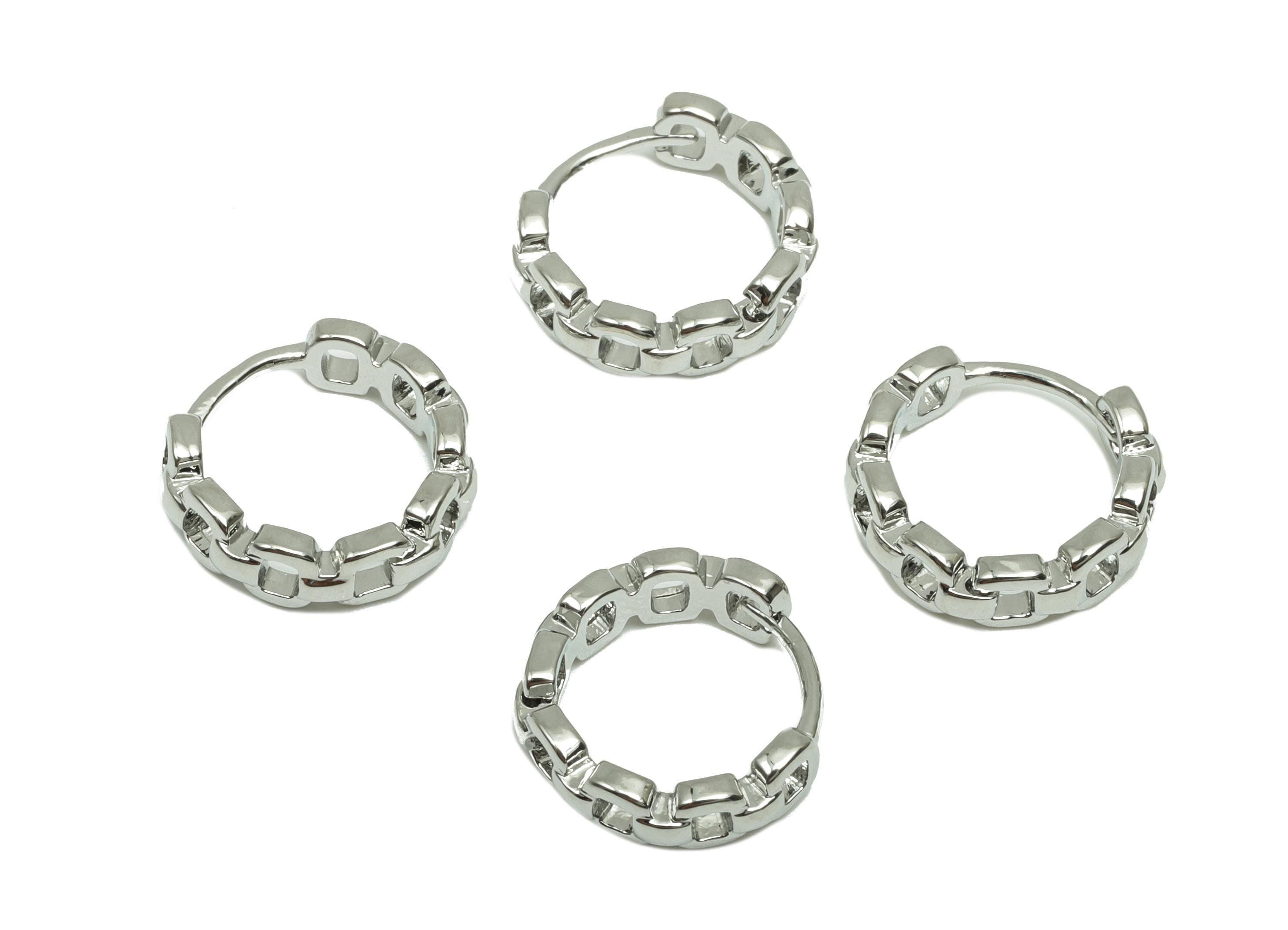 Round Chain Earring - For Woman's Huggie Earring - Brass Daily Wear Hoop Earring - 18K Real White Gold Plated - 11.89x12.72x2.25mm - RGP8264 - DOMEDBAZAAR