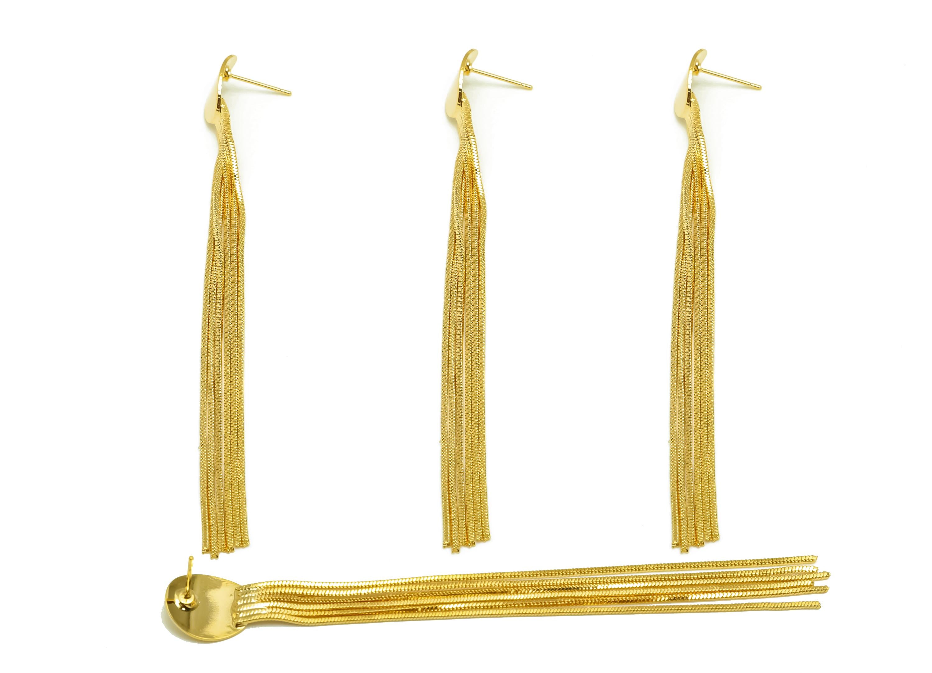 Brass Earring Tassel Stud - Brass Bent Oval Tassel Earring - Snake Chain Earring Post - 18K Real Gold Plating - 100.83x11x0.98mm - RGP7546 - DOMEDBAZAAR