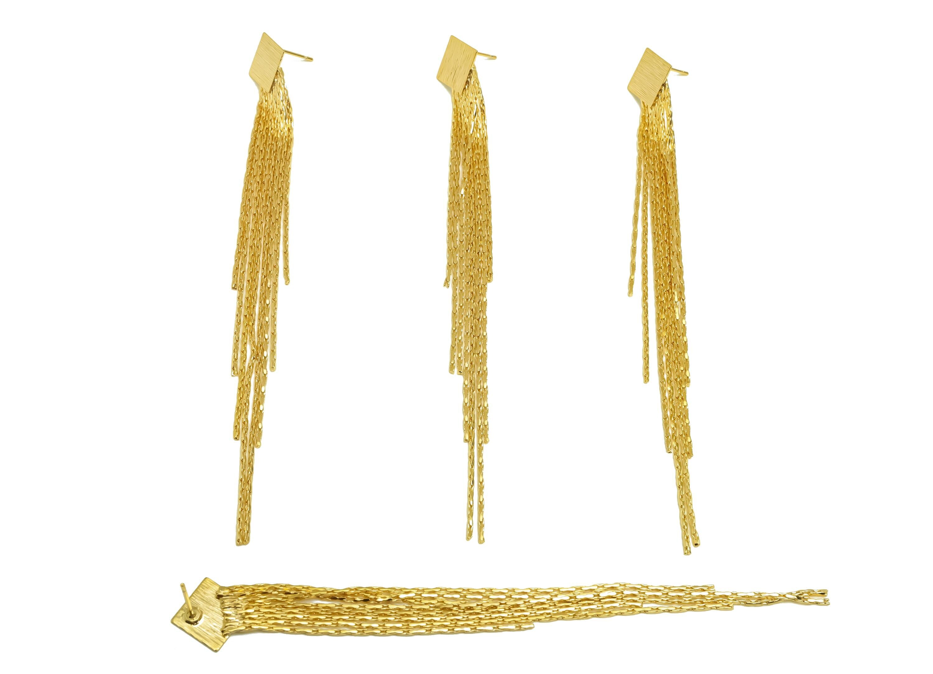 Brass Earring Tassel Stud - Brass Textured Square Tassel Earring - Tassel Chain Earring Post - 18K Real Gold Plating - 117x13x1mm - RGP7538 - DOMEDBAZAAR