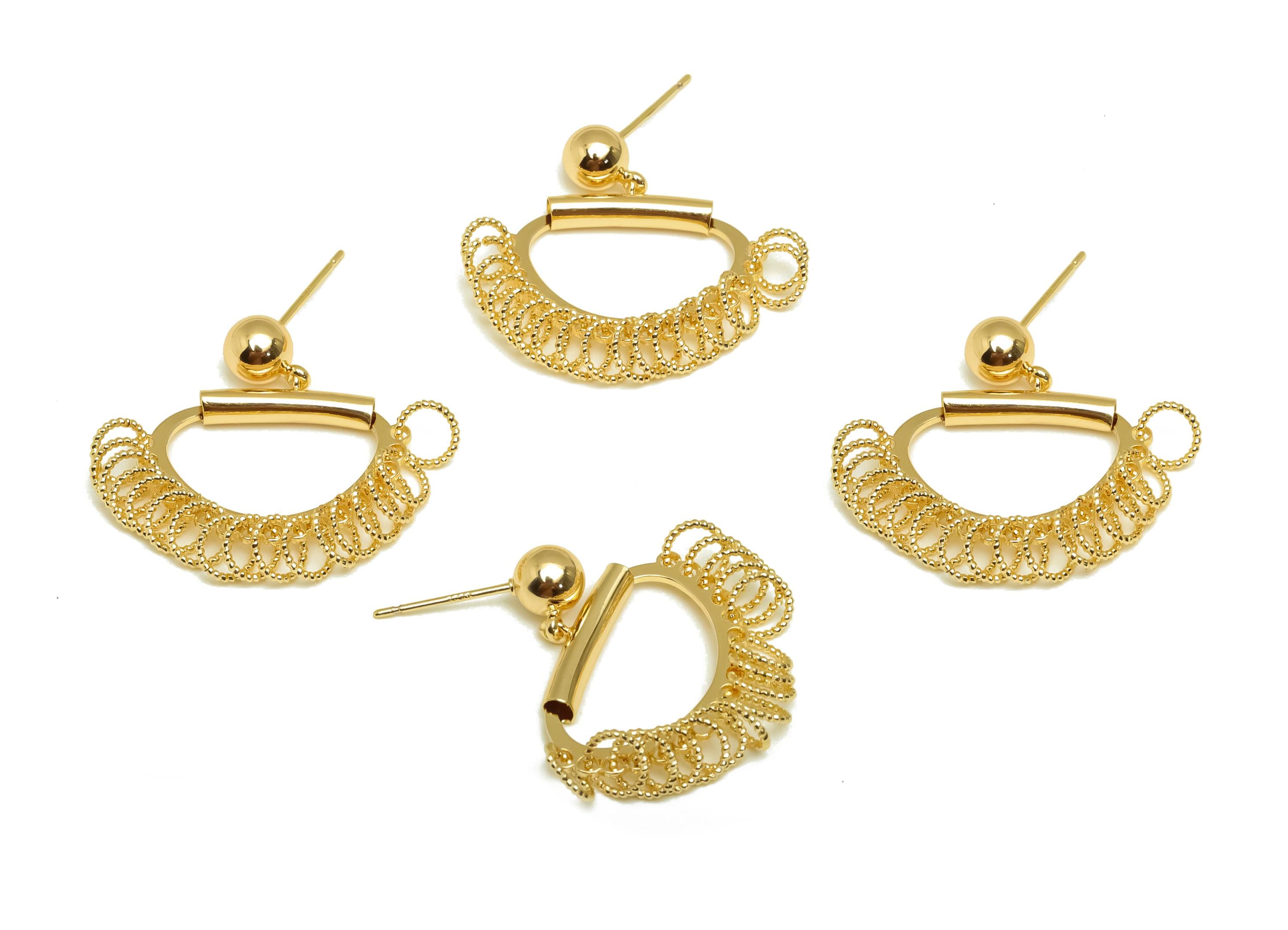 Ball Rings Dangle Earring Stud - Brass Rings Earring Post - Brass Copper Pipe Earring Post  - 18K Real Gold Plating - 30x23x3mm - RGP7561 - DOMEDBAZAAR