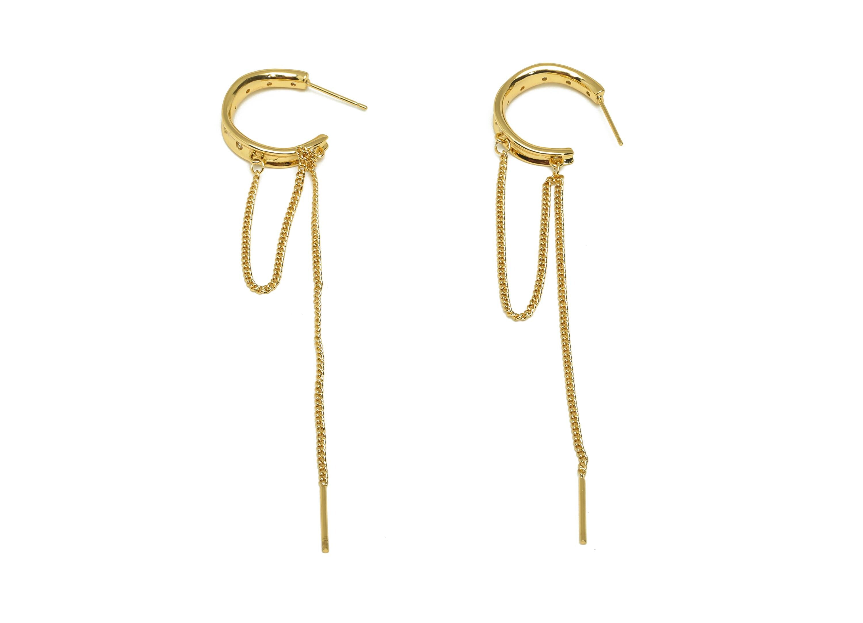 Brass C Tassel Chian Earring - Round Zircon Chian Earring Post - Gold CZ Tassel Chian Ear - 18K Real Gold Plated - 101x20.6x4.91mm - RGP7618 - DOMEDBAZAAR