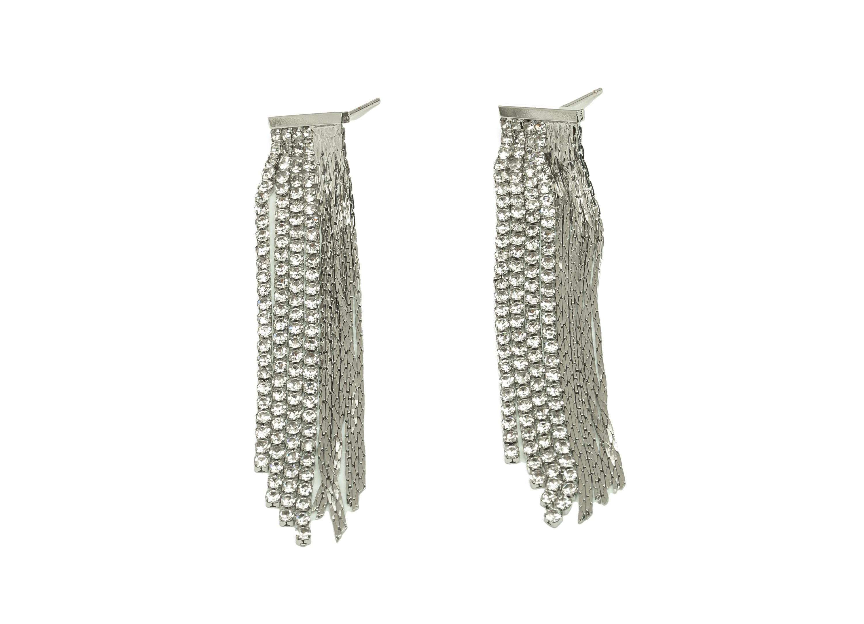 Brass Tassel Chian Ear - Zircon Snake Chian Earring Post - White CZ Long Chian Ear - 18K Real White Gold Plated - 56.5x12.27x1.8mm - RGP7620 - DOMEDBAZAAR