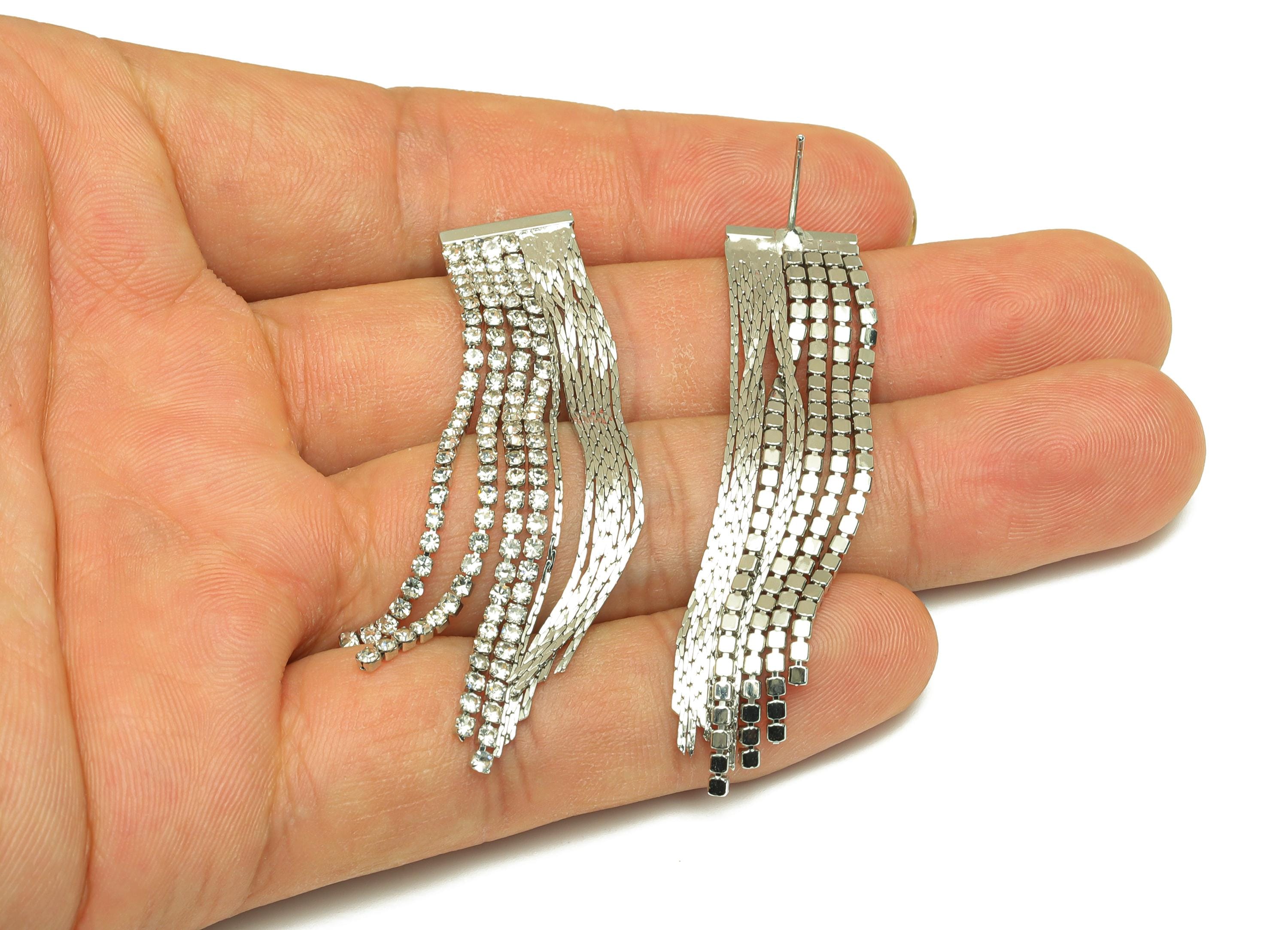Brass Tassel Chian Ear - Zircon Snake Chian Earring Post - White CZ Long Chian Ear - 18K Real White Gold Plated - 56.5x12.27x1.8mm - RGP7620 - DOMEDBAZAAR