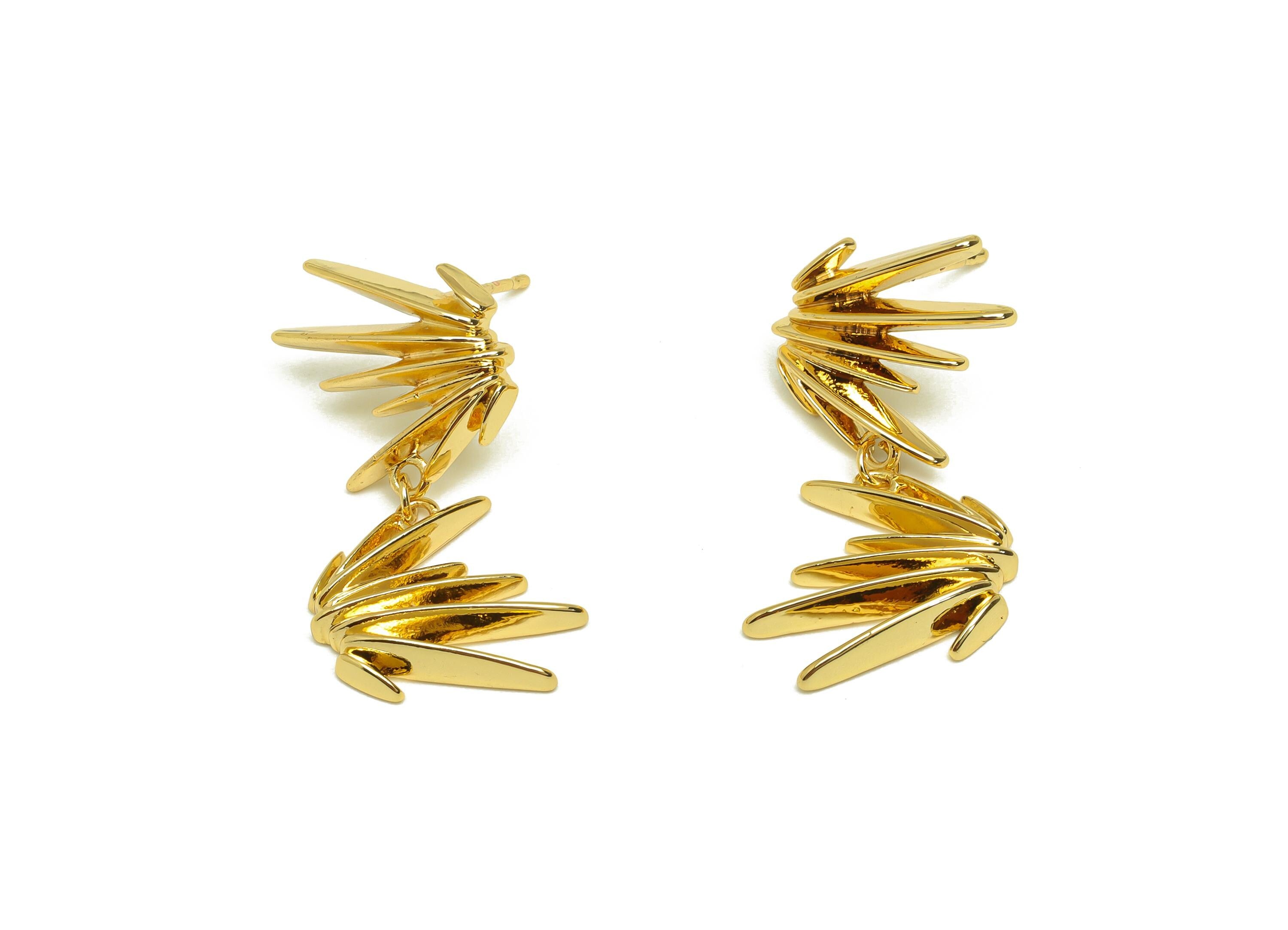 Brass Spikes Dangle Earring - Sunshine Hanging Earring Post - Gold Spikes Dangle Earring - 18K Real Gold Plated - 28.3x16.6x3.68mm - RGP7621 - DOMEDBAZAAR