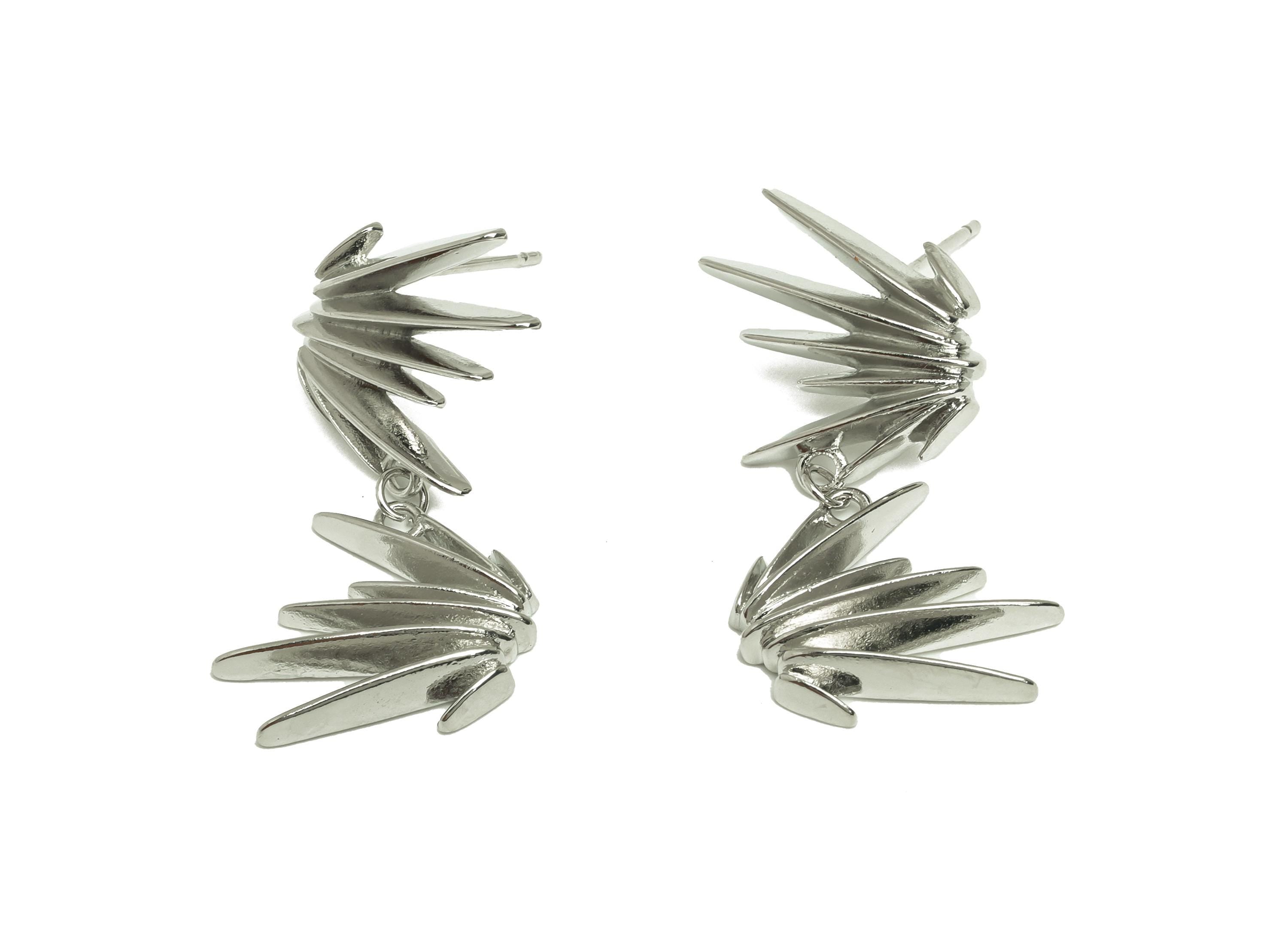 Brass Spikes Dangle Ear - Sunshine Hanging Earring Post - White Spikes Dangle Ear - 18K Real White Gold Plated - 28.3x16.5x3.6mm - RGP7622 - DOMEDBAZAAR