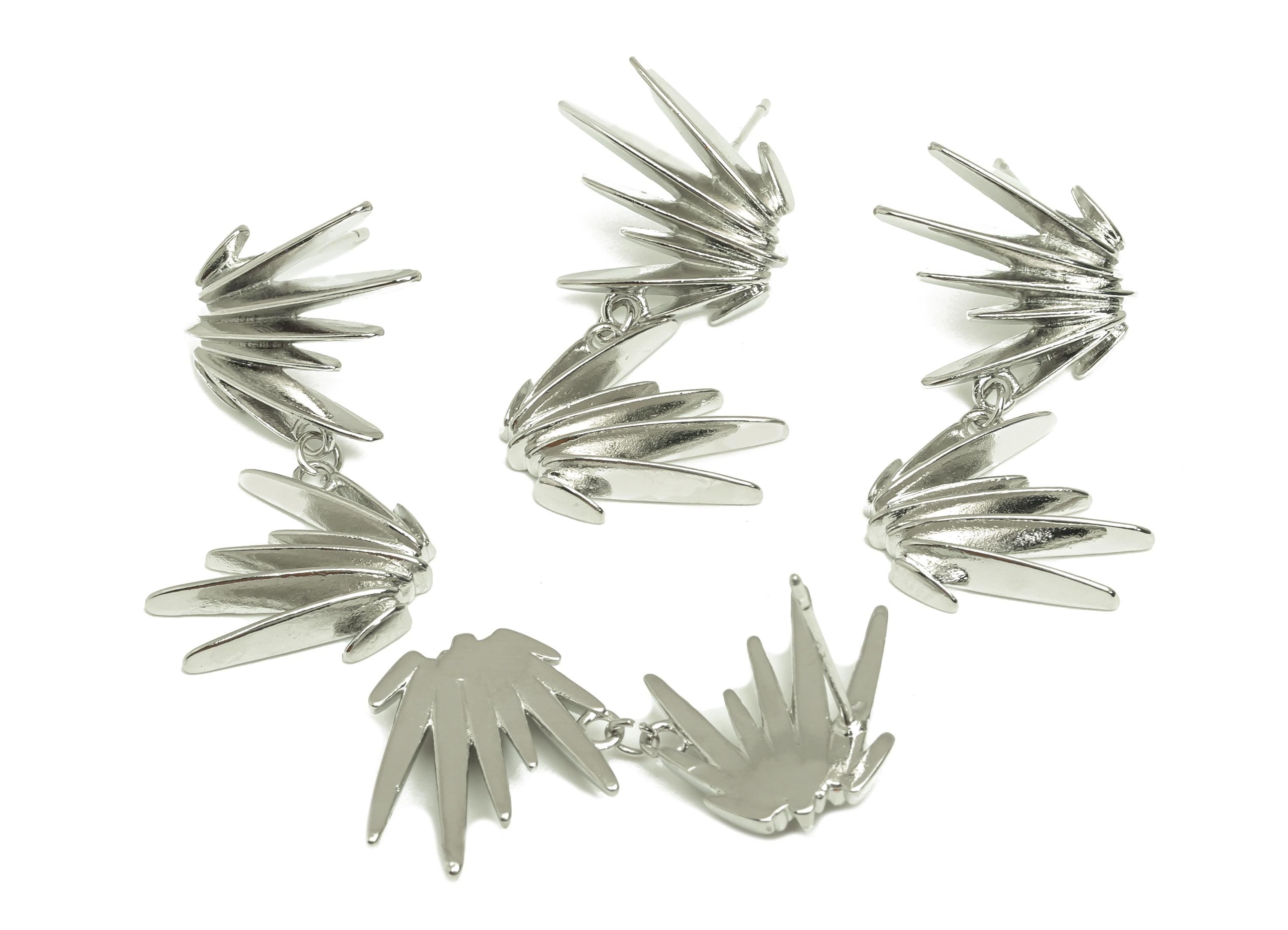 Brass Spikes Dangle Ear - Sunshine Hanging Earring Post - White Spikes Dangle Ear - 18K Real White Gold Plated - 28.3x16.5x3.6mm - RGP7622 - DOMEDBAZAAR