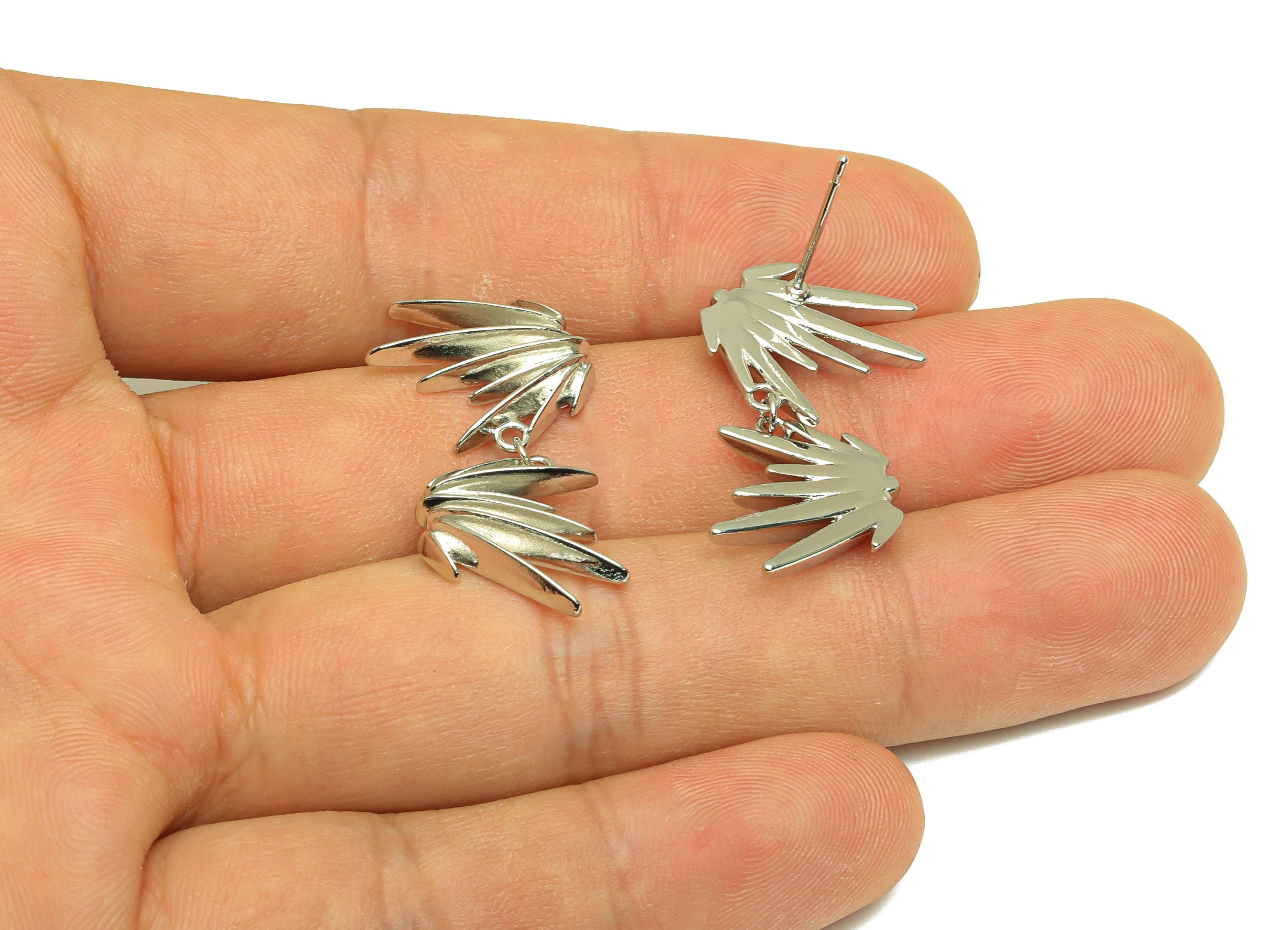 Brass Spikes Dangle Ear - Sunshine Hanging Earring Post - White Spikes Dangle Ear - 18K Real White Gold Plated - 28.3x16.5x3.6mm - RGP7622 - DOMEDBAZAAR