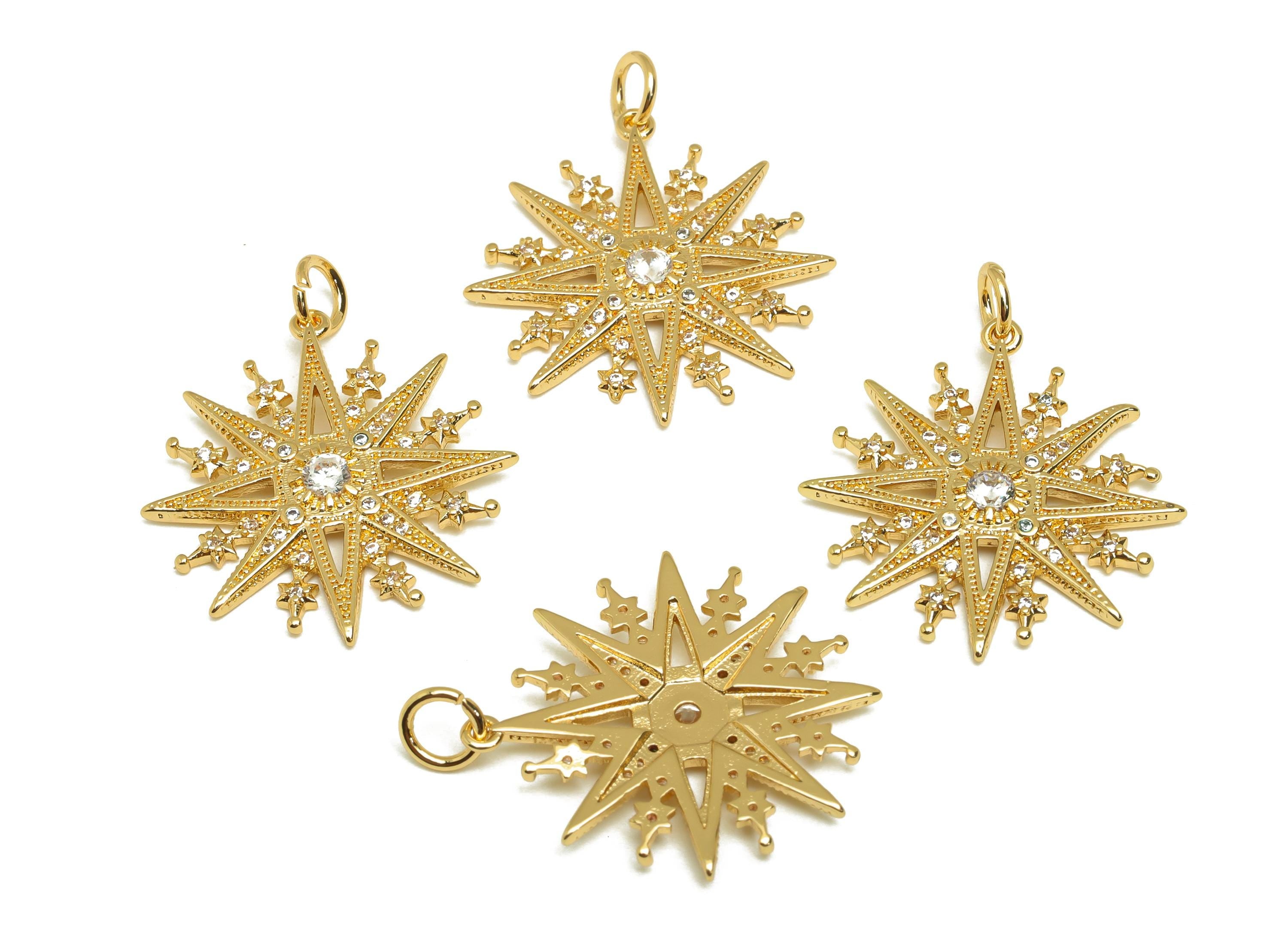 Brass Star Earring Charms - Gold Cubic Zircon Star Pendant - Textured CZ Star Charms - 18K Real Gold Plating - 27.4x20.9x3.08mm - RGP7669 - DOMEDBAZAAR